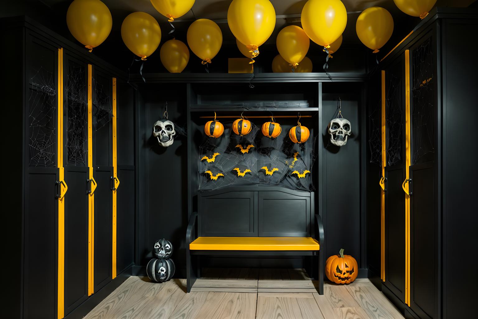 halloween-style (drop zone interior) with a bench and storage baskets and lockers and cabinets and shelves for shoes and cubbies and wall hooks for coats and high up storage. . with skeletons sitting and standing and yellow black balloons and lanterns and spiderwebs and cobwebs and cobwebs and human skulls and lanterns. . cinematic photo, highly detailed, cinematic lighting, ultra-detailed, ultrarealistic, photorealism, 8k. halloween interior design style. masterpiece, cinematic light, ultrarealistic+, photorealistic+, 8k, raw photo, realistic, sharp focus on eyes, (symmetrical eyes), (intact eyes), hyperrealistic, highest quality, best quality, , highly detailed, masterpiece, best quality, extremely detailed 8k wallpaper, masterpiece, best quality, ultra-detailed, best shadow, detailed background, detailed face, detailed eyes, high contrast, best illumination, detailed face, dulux, caustic, dynamic angle, detailed glow. dramatic lighting. highly detailed, insanely detailed hair, symmetrical, intricate details, professionally retouched, 8k high definition. strong bokeh. award winning photo.