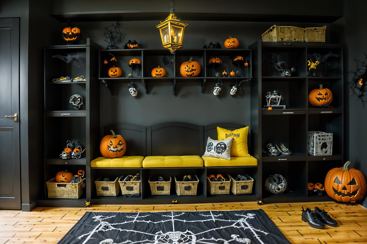 halloween-style (drop zone interior) with a bench and storage baskets and lockers and cabinets and shelves for shoes and cubbies and wall hooks for coats and high up storage. . with skeletons sitting and standing and yellow black balloons and lanterns and spiderwebs and cobwebs and cobwebs and human skulls and lanterns. . cinematic photo, highly detailed, cinematic lighting, ultra-detailed, ultrarealistic, photorealism, 8k. halloween interior design style. masterpiece, cinematic light, ultrarealistic+, photorealistic+, 8k, raw photo, realistic, sharp focus on eyes, (symmetrical eyes), (intact eyes), hyperrealistic, highest quality, best quality, , highly detailed, masterpiece, best quality, extremely detailed 8k wallpaper, masterpiece, best quality, ultra-detailed, best shadow, detailed background, detailed face, detailed eyes, high contrast, best illumination, detailed face, dulux, caustic, dynamic angle, detailed glow. dramatic lighting. highly detailed, insanely detailed hair, symmetrical, intricate details, professionally retouched, 8k high definition. strong bokeh. award winning photo.