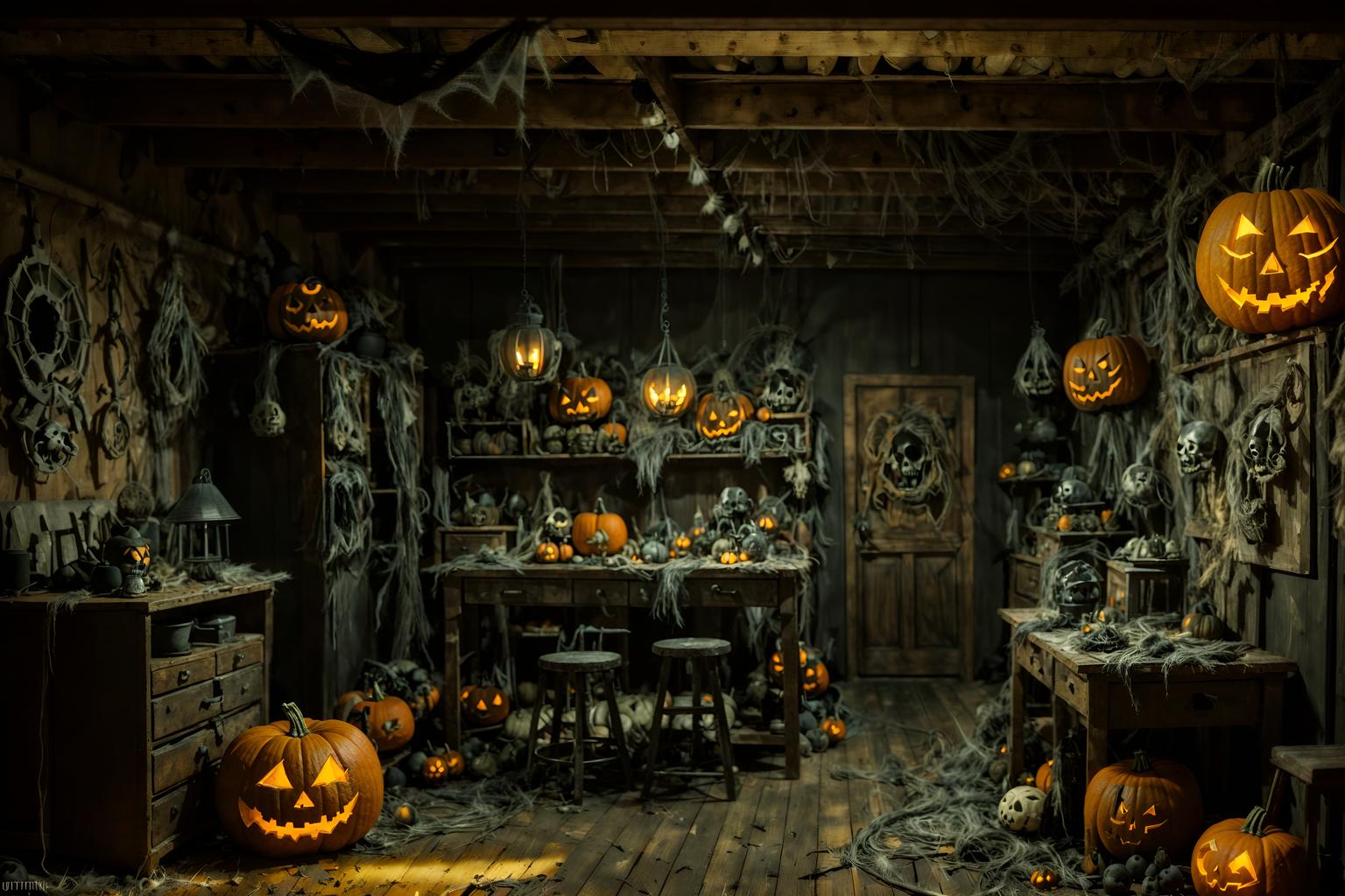 halloween-style (workshop interior) with messy and tool wall and wooden workbench and messy. . with glowing pumpkins and cobwebs and cobwebs and spiderwebs and lanterns and yellow black balloons and skeletons sitting and standing and human skulls. . cinematic photo, highly detailed, cinematic lighting, ultra-detailed, ultrarealistic, photorealism, 8k. halloween interior design style. masterpiece, cinematic light, ultrarealistic+, photorealistic+, 8k, raw photo, realistic, sharp focus on eyes, (symmetrical eyes), (intact eyes), hyperrealistic, highest quality, best quality, , highly detailed, masterpiece, best quality, extremely detailed 8k wallpaper, masterpiece, best quality, ultra-detailed, best shadow, detailed background, detailed face, detailed eyes, high contrast, best illumination, detailed face, dulux, caustic, dynamic angle, detailed glow. dramatic lighting. highly detailed, insanely detailed hair, symmetrical, intricate details, professionally retouched, 8k high definition. strong bokeh. award winning photo.