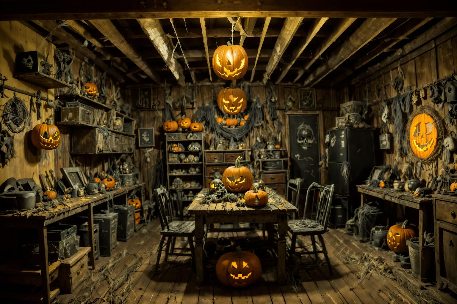 halloween-style (workshop interior) with messy and tool wall and wooden workbench and messy. . with glowing pumpkins and cobwebs and cobwebs and spiderwebs and lanterns and yellow black balloons and skeletons sitting and standing and human skulls. . cinematic photo, highly detailed, cinematic lighting, ultra-detailed, ultrarealistic, photorealism, 8k. halloween interior design style. masterpiece, cinematic light, ultrarealistic+, photorealistic+, 8k, raw photo, realistic, sharp focus on eyes, (symmetrical eyes), (intact eyes), hyperrealistic, highest quality, best quality, , highly detailed, masterpiece, best quality, extremely detailed 8k wallpaper, masterpiece, best quality, ultra-detailed, best shadow, detailed background, detailed face, detailed eyes, high contrast, best illumination, detailed face, dulux, caustic, dynamic angle, detailed glow. dramatic lighting. highly detailed, insanely detailed hair, symmetrical, intricate details, professionally retouched, 8k high definition. strong bokeh. award winning photo.