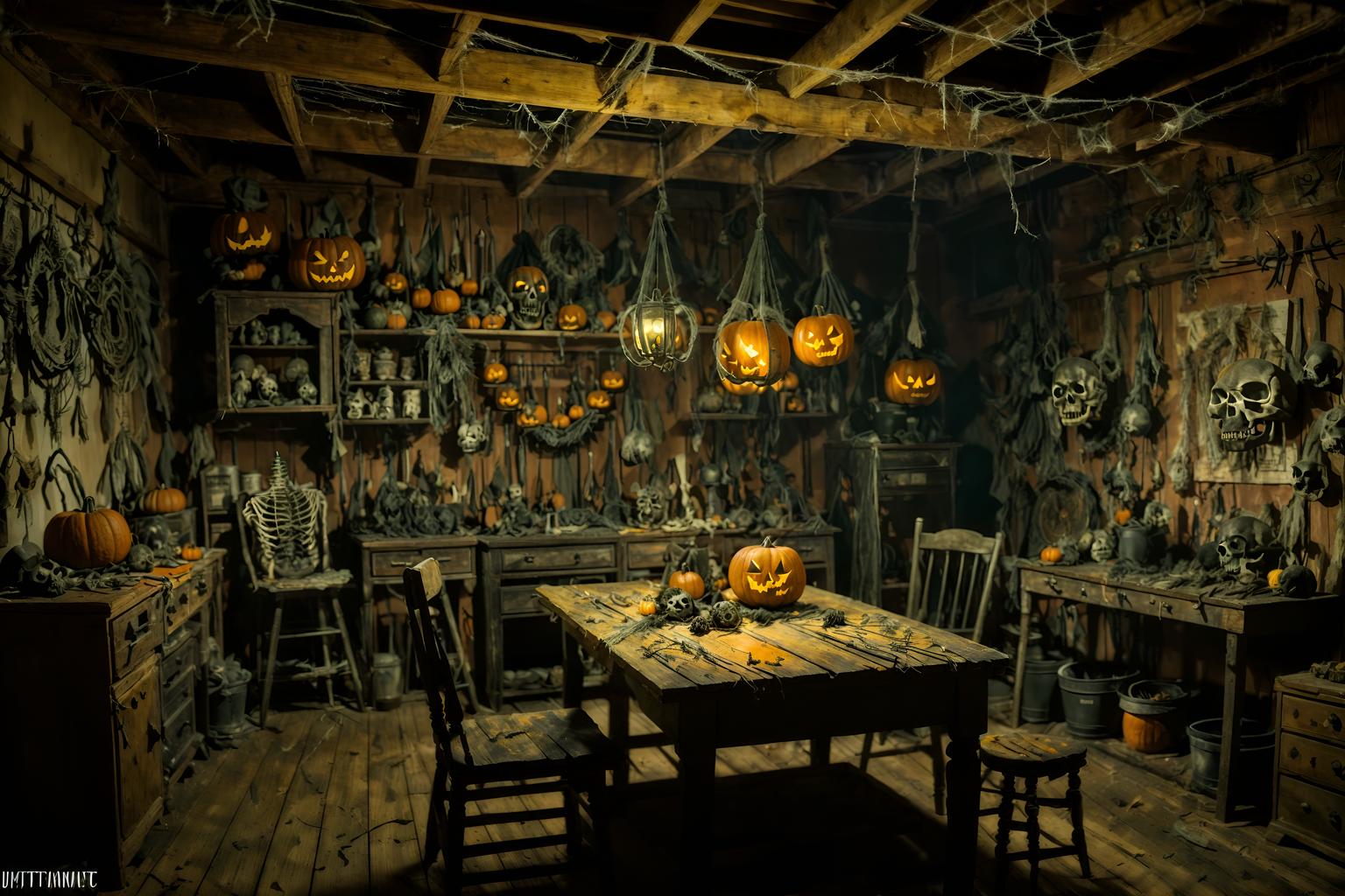 halloween-style (workshop interior) with messy and tool wall and wooden workbench and messy. . with glowing pumpkins and cobwebs and cobwebs and spiderwebs and lanterns and yellow black balloons and skeletons sitting and standing and human skulls. . cinematic photo, highly detailed, cinematic lighting, ultra-detailed, ultrarealistic, photorealism, 8k. halloween interior design style. masterpiece, cinematic light, ultrarealistic+, photorealistic+, 8k, raw photo, realistic, sharp focus on eyes, (symmetrical eyes), (intact eyes), hyperrealistic, highest quality, best quality, , highly detailed, masterpiece, best quality, extremely detailed 8k wallpaper, masterpiece, best quality, ultra-detailed, best shadow, detailed background, detailed face, detailed eyes, high contrast, best illumination, detailed face, dulux, caustic, dynamic angle, detailed glow. dramatic lighting. highly detailed, insanely detailed hair, symmetrical, intricate details, professionally retouched, 8k high definition. strong bokeh. award winning photo.