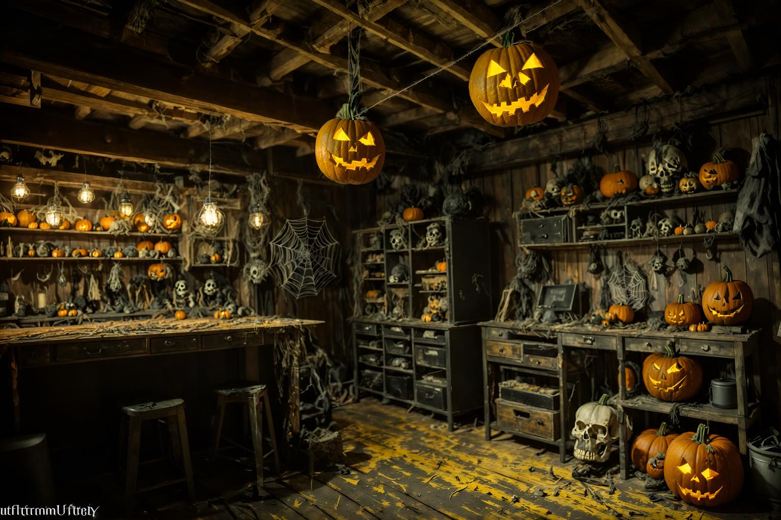 halloween-style (workshop interior) with messy and tool wall and wooden workbench and messy. . with glowing pumpkins and cobwebs and cobwebs and spiderwebs and lanterns and yellow black balloons and skeletons sitting and standing and human skulls. . cinematic photo, highly detailed, cinematic lighting, ultra-detailed, ultrarealistic, photorealism, 8k. halloween interior design style. masterpiece, cinematic light, ultrarealistic+, photorealistic+, 8k, raw photo, realistic, sharp focus on eyes, (symmetrical eyes), (intact eyes), hyperrealistic, highest quality, best quality, , highly detailed, masterpiece, best quality, extremely detailed 8k wallpaper, masterpiece, best quality, ultra-detailed, best shadow, detailed background, detailed face, detailed eyes, high contrast, best illumination, detailed face, dulux, caustic, dynamic angle, detailed glow. dramatic lighting. highly detailed, insanely detailed hair, symmetrical, intricate details, professionally retouched, 8k high definition. strong bokeh. award winning photo.