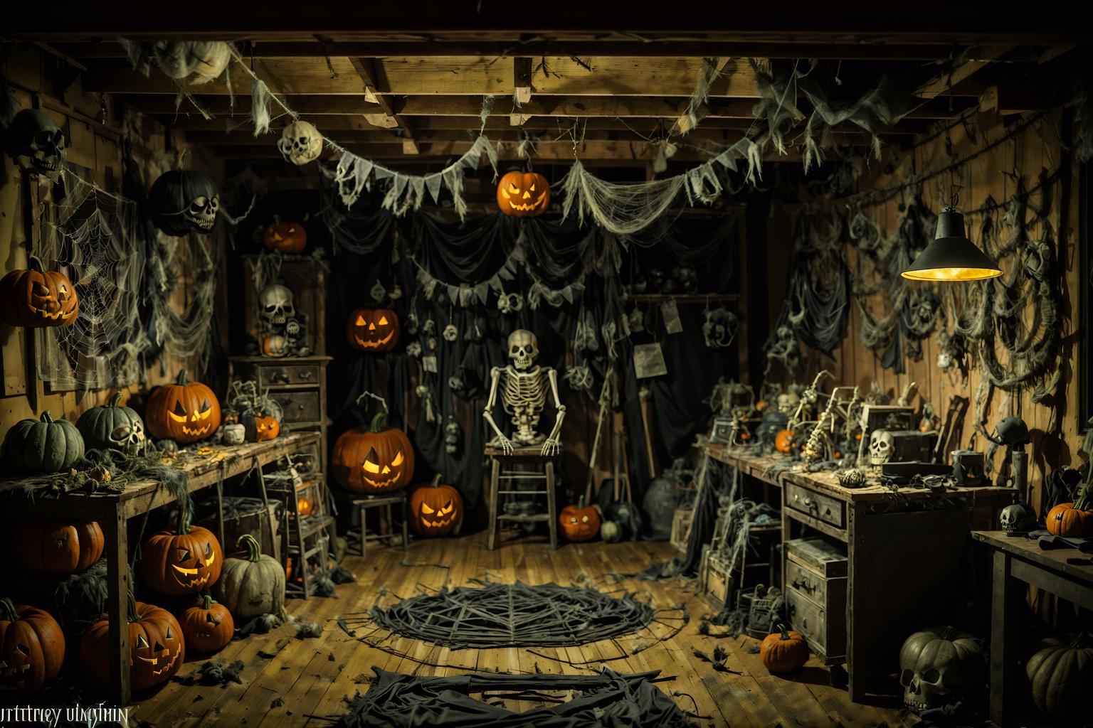 halloween-style (workshop interior) with messy and tool wall and wooden workbench and messy. . with glowing pumpkins and cobwebs and cobwebs and spiderwebs and lanterns and yellow black balloons and skeletons sitting and standing and human skulls. . cinematic photo, highly detailed, cinematic lighting, ultra-detailed, ultrarealistic, photorealism, 8k. halloween interior design style. masterpiece, cinematic light, ultrarealistic+, photorealistic+, 8k, raw photo, realistic, sharp focus on eyes, (symmetrical eyes), (intact eyes), hyperrealistic, highest quality, best quality, , highly detailed, masterpiece, best quality, extremely detailed 8k wallpaper, masterpiece, best quality, ultra-detailed, best shadow, detailed background, detailed face, detailed eyes, high contrast, best illumination, detailed face, dulux, caustic, dynamic angle, detailed glow. dramatic lighting. highly detailed, insanely detailed hair, symmetrical, intricate details, professionally retouched, 8k high definition. strong bokeh. award winning photo.