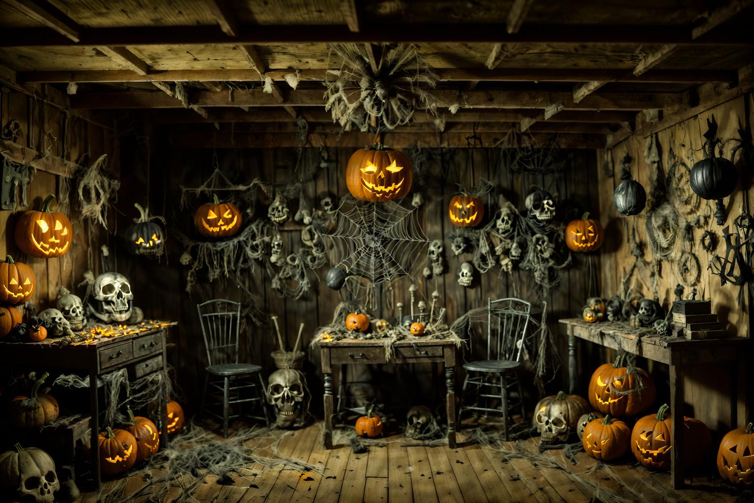 halloween-style (workshop interior) with messy and tool wall and wooden workbench and messy. . with glowing pumpkins and cobwebs and cobwebs and spiderwebs and lanterns and yellow black balloons and skeletons sitting and standing and human skulls. . cinematic photo, highly detailed, cinematic lighting, ultra-detailed, ultrarealistic, photorealism, 8k. halloween interior design style. masterpiece, cinematic light, ultrarealistic+, photorealistic+, 8k, raw photo, realistic, sharp focus on eyes, (symmetrical eyes), (intact eyes), hyperrealistic, highest quality, best quality, , highly detailed, masterpiece, best quality, extremely detailed 8k wallpaper, masterpiece, best quality, ultra-detailed, best shadow, detailed background, detailed face, detailed eyes, high contrast, best illumination, detailed face, dulux, caustic, dynamic angle, detailed glow. dramatic lighting. highly detailed, insanely detailed hair, symmetrical, intricate details, professionally retouched, 8k high definition. strong bokeh. award winning photo.