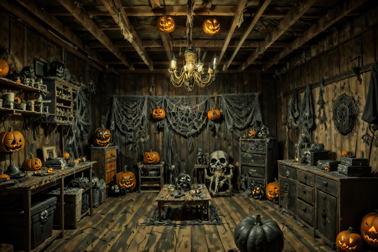 halloween-style (workshop interior) with messy and tool wall and wooden workbench and messy. . with glowing pumpkins and cobwebs and cobwebs and spiderwebs and lanterns and yellow black balloons and skeletons sitting and standing and human skulls. . cinematic photo, highly detailed, cinematic lighting, ultra-detailed, ultrarealistic, photorealism, 8k. halloween interior design style. masterpiece, cinematic light, ultrarealistic+, photorealistic+, 8k, raw photo, realistic, sharp focus on eyes, (symmetrical eyes), (intact eyes), hyperrealistic, highest quality, best quality, , highly detailed, masterpiece, best quality, extremely detailed 8k wallpaper, masterpiece, best quality, ultra-detailed, best shadow, detailed background, detailed face, detailed eyes, high contrast, best illumination, detailed face, dulux, caustic, dynamic angle, detailed glow. dramatic lighting. highly detailed, insanely detailed hair, symmetrical, intricate details, professionally retouched, 8k high definition. strong bokeh. award winning photo.