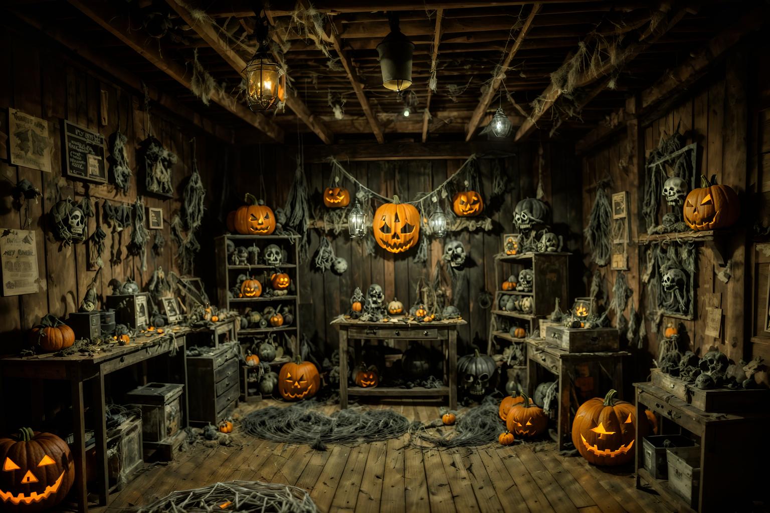 halloween-style (workshop interior) with messy and tool wall and wooden workbench and messy. . with glowing pumpkins and cobwebs and cobwebs and spiderwebs and lanterns and yellow black balloons and skeletons sitting and standing and human skulls. . cinematic photo, highly detailed, cinematic lighting, ultra-detailed, ultrarealistic, photorealism, 8k. halloween interior design style. masterpiece, cinematic light, ultrarealistic+, photorealistic+, 8k, raw photo, realistic, sharp focus on eyes, (symmetrical eyes), (intact eyes), hyperrealistic, highest quality, best quality, , highly detailed, masterpiece, best quality, extremely detailed 8k wallpaper, masterpiece, best quality, ultra-detailed, best shadow, detailed background, detailed face, detailed eyes, high contrast, best illumination, detailed face, dulux, caustic, dynamic angle, detailed glow. dramatic lighting. highly detailed, insanely detailed hair, symmetrical, intricate details, professionally retouched, 8k high definition. strong bokeh. award winning photo.