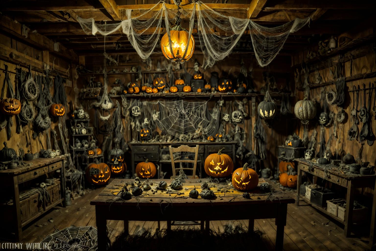 halloween-style (workshop interior) with messy and tool wall and wooden workbench and messy. . with glowing pumpkins and cobwebs and cobwebs and spiderwebs and lanterns and yellow black balloons and skeletons sitting and standing and human skulls. . cinematic photo, highly detailed, cinematic lighting, ultra-detailed, ultrarealistic, photorealism, 8k. halloween interior design style. masterpiece, cinematic light, ultrarealistic+, photorealistic+, 8k, raw photo, realistic, sharp focus on eyes, (symmetrical eyes), (intact eyes), hyperrealistic, highest quality, best quality, , highly detailed, masterpiece, best quality, extremely detailed 8k wallpaper, masterpiece, best quality, ultra-detailed, best shadow, detailed background, detailed face, detailed eyes, high contrast, best illumination, detailed face, dulux, caustic, dynamic angle, detailed glow. dramatic lighting. highly detailed, insanely detailed hair, symmetrical, intricate details, professionally retouched, 8k high definition. strong bokeh. award winning photo.