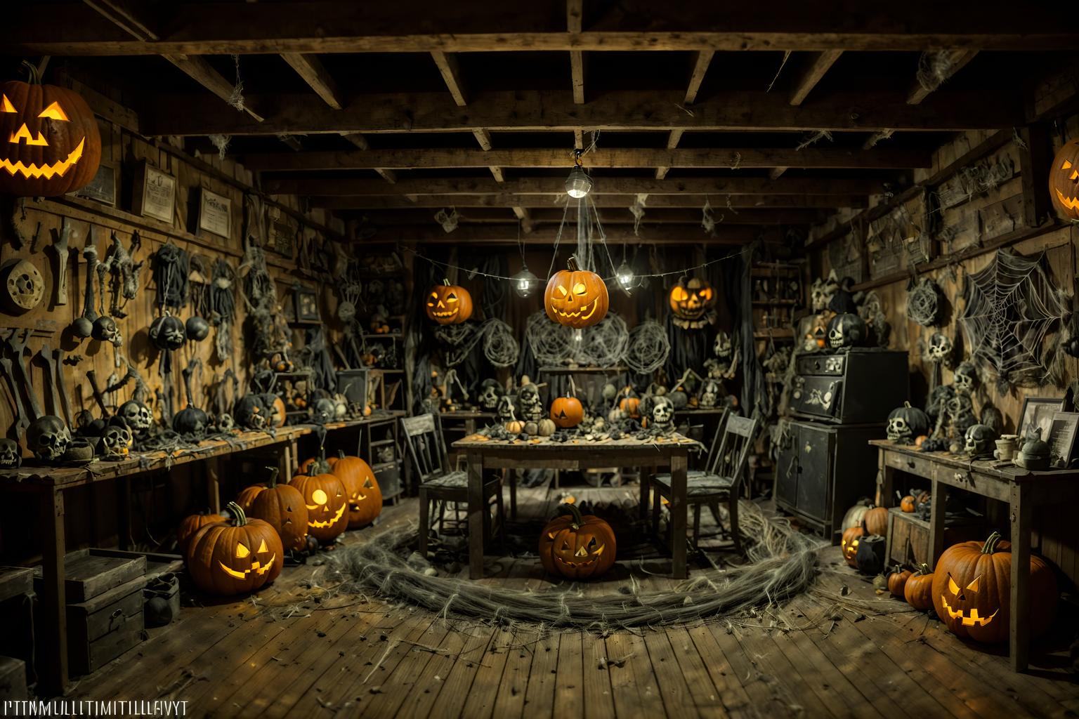 halloween-style (workshop interior) with messy and tool wall and wooden workbench and messy. . with glowing pumpkins and cobwebs and cobwebs and spiderwebs and lanterns and yellow black balloons and skeletons sitting and standing and human skulls. . cinematic photo, highly detailed, cinematic lighting, ultra-detailed, ultrarealistic, photorealism, 8k. halloween interior design style. masterpiece, cinematic light, ultrarealistic+, photorealistic+, 8k, raw photo, realistic, sharp focus on eyes, (symmetrical eyes), (intact eyes), hyperrealistic, highest quality, best quality, , highly detailed, masterpiece, best quality, extremely detailed 8k wallpaper, masterpiece, best quality, ultra-detailed, best shadow, detailed background, detailed face, detailed eyes, high contrast, best illumination, detailed face, dulux, caustic, dynamic angle, detailed glow. dramatic lighting. highly detailed, insanely detailed hair, symmetrical, intricate details, professionally retouched, 8k high definition. strong bokeh. award winning photo.