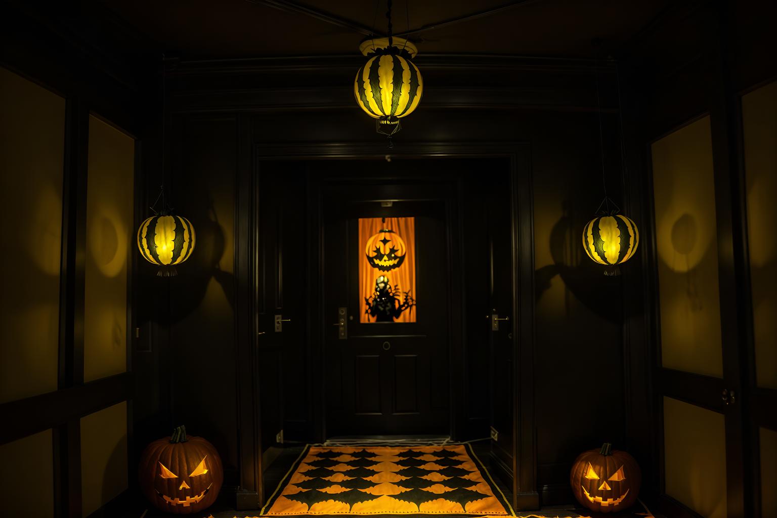 halloween-style (walk in closet interior) . with yellow black balloons and lanterns and glowing pumpkins and spiderwebs and lanterns and cobwebs and cobwebs and human skulls. . cinematic photo, highly detailed, cinematic lighting, ultra-detailed, ultrarealistic, photorealism, 8k. halloween interior design style. masterpiece, cinematic light, ultrarealistic+, photorealistic+, 8k, raw photo, realistic, sharp focus on eyes, (symmetrical eyes), (intact eyes), hyperrealistic, highest quality, best quality, , highly detailed, masterpiece, best quality, extremely detailed 8k wallpaper, masterpiece, best quality, ultra-detailed, best shadow, detailed background, detailed face, detailed eyes, high contrast, best illumination, detailed face, dulux, caustic, dynamic angle, detailed glow. dramatic lighting. highly detailed, insanely detailed hair, symmetrical, intricate details, professionally retouched, 8k high definition. strong bokeh. award winning photo.