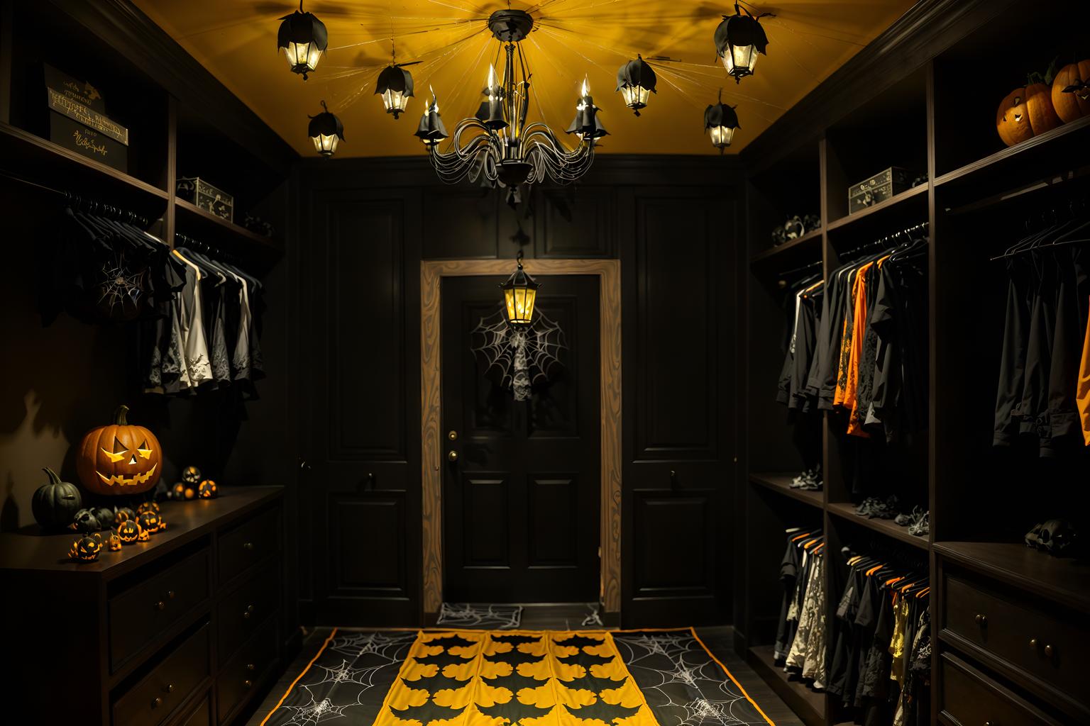 halloween-style (walk in closet interior) . with yellow black balloons and lanterns and glowing pumpkins and spiderwebs and lanterns and cobwebs and cobwebs and human skulls. . cinematic photo, highly detailed, cinematic lighting, ultra-detailed, ultrarealistic, photorealism, 8k. halloween interior design style. masterpiece, cinematic light, ultrarealistic+, photorealistic+, 8k, raw photo, realistic, sharp focus on eyes, (symmetrical eyes), (intact eyes), hyperrealistic, highest quality, best quality, , highly detailed, masterpiece, best quality, extremely detailed 8k wallpaper, masterpiece, best quality, ultra-detailed, best shadow, detailed background, detailed face, detailed eyes, high contrast, best illumination, detailed face, dulux, caustic, dynamic angle, detailed glow. dramatic lighting. highly detailed, insanely detailed hair, symmetrical, intricate details, professionally retouched, 8k high definition. strong bokeh. award winning photo.