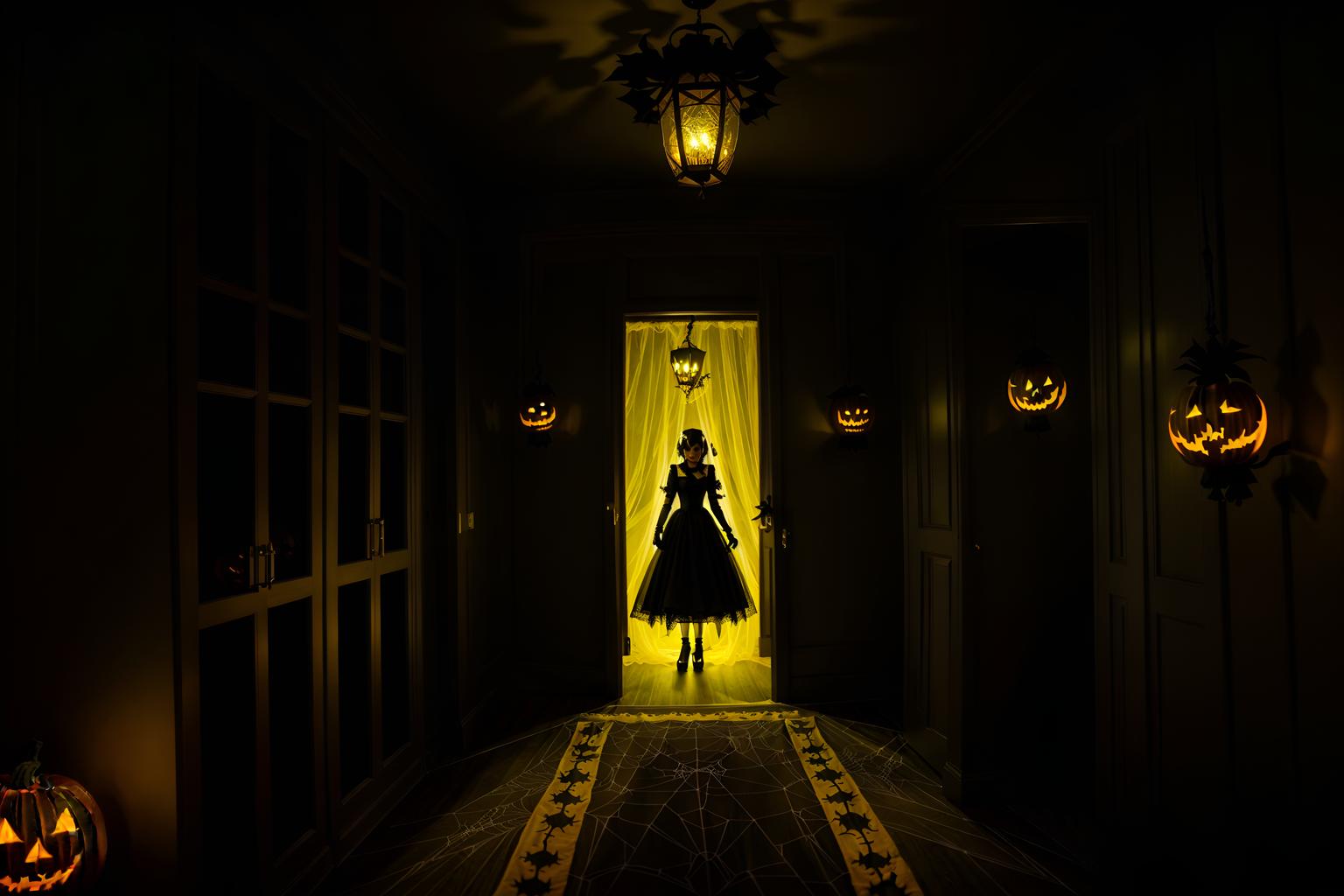 halloween-style (walk in closet interior) . with yellow black balloons and lanterns and glowing pumpkins and spiderwebs and lanterns and cobwebs and cobwebs and human skulls. . cinematic photo, highly detailed, cinematic lighting, ultra-detailed, ultrarealistic, photorealism, 8k. halloween interior design style. masterpiece, cinematic light, ultrarealistic+, photorealistic+, 8k, raw photo, realistic, sharp focus on eyes, (symmetrical eyes), (intact eyes), hyperrealistic, highest quality, best quality, , highly detailed, masterpiece, best quality, extremely detailed 8k wallpaper, masterpiece, best quality, ultra-detailed, best shadow, detailed background, detailed face, detailed eyes, high contrast, best illumination, detailed face, dulux, caustic, dynamic angle, detailed glow. dramatic lighting. highly detailed, insanely detailed hair, symmetrical, intricate details, professionally retouched, 8k high definition. strong bokeh. award winning photo.