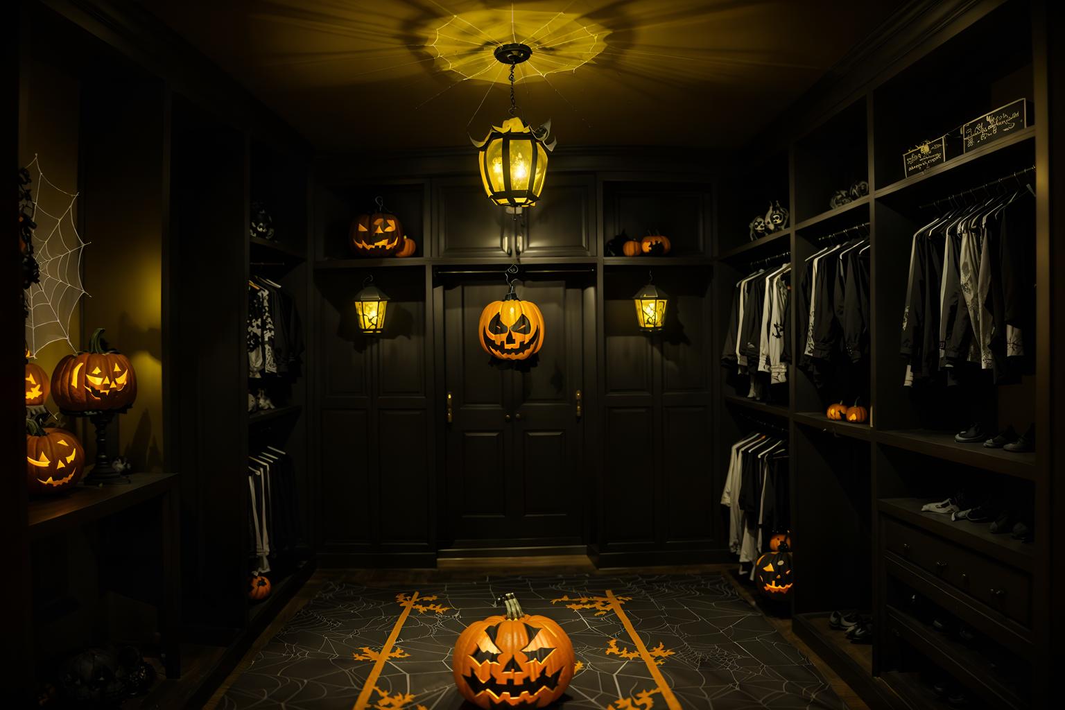 halloween-style (walk in closet interior) . with yellow black balloons and lanterns and glowing pumpkins and spiderwebs and lanterns and cobwebs and cobwebs and human skulls. . cinematic photo, highly detailed, cinematic lighting, ultra-detailed, ultrarealistic, photorealism, 8k. halloween interior design style. masterpiece, cinematic light, ultrarealistic+, photorealistic+, 8k, raw photo, realistic, sharp focus on eyes, (symmetrical eyes), (intact eyes), hyperrealistic, highest quality, best quality, , highly detailed, masterpiece, best quality, extremely detailed 8k wallpaper, masterpiece, best quality, ultra-detailed, best shadow, detailed background, detailed face, detailed eyes, high contrast, best illumination, detailed face, dulux, caustic, dynamic angle, detailed glow. dramatic lighting. highly detailed, insanely detailed hair, symmetrical, intricate details, professionally retouched, 8k high definition. strong bokeh. award winning photo.