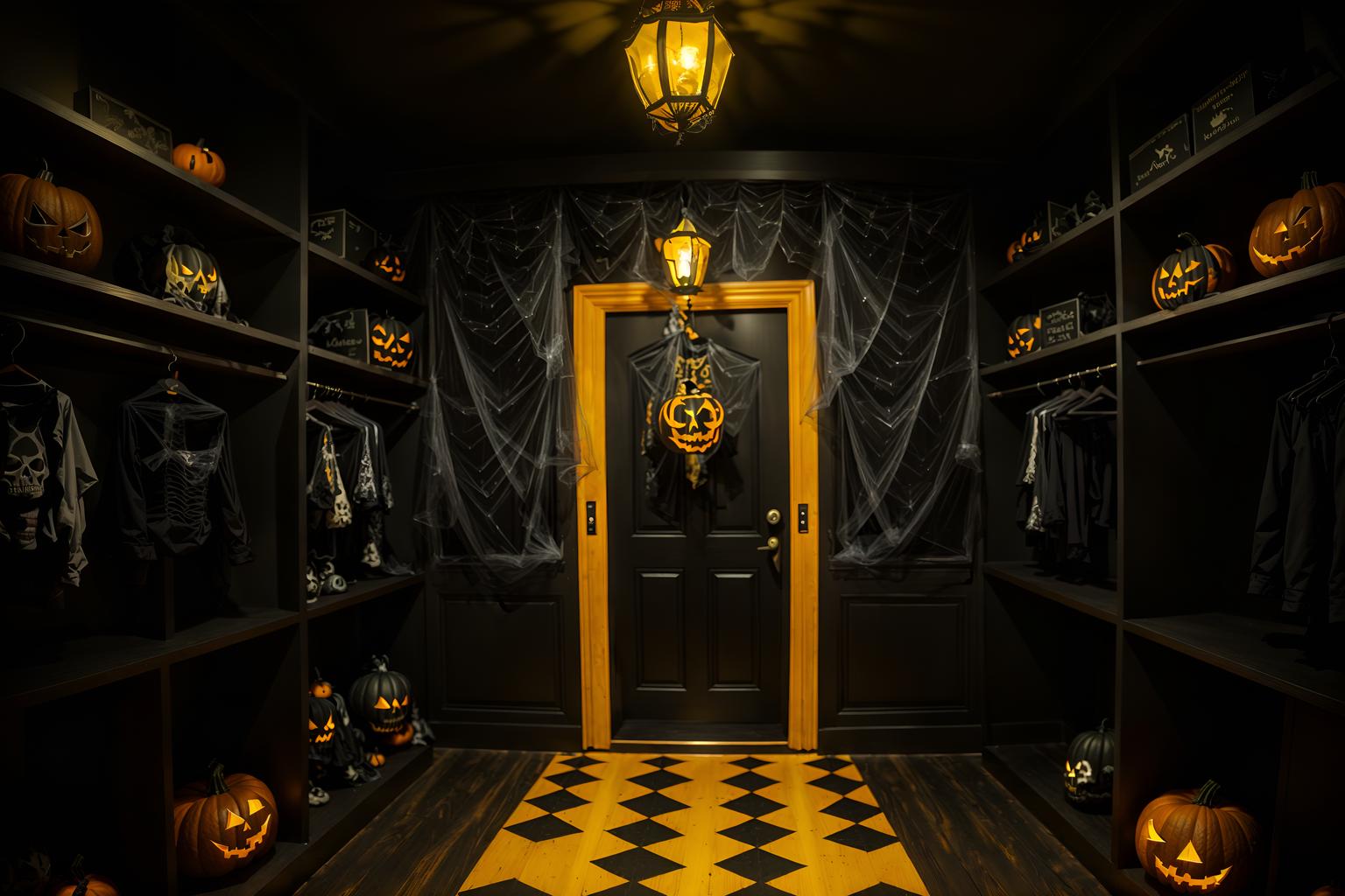 halloween-style (walk in closet interior) . with yellow black balloons and lanterns and glowing pumpkins and spiderwebs and lanterns and cobwebs and cobwebs and human skulls. . cinematic photo, highly detailed, cinematic lighting, ultra-detailed, ultrarealistic, photorealism, 8k. halloween interior design style. masterpiece, cinematic light, ultrarealistic+, photorealistic+, 8k, raw photo, realistic, sharp focus on eyes, (symmetrical eyes), (intact eyes), hyperrealistic, highest quality, best quality, , highly detailed, masterpiece, best quality, extremely detailed 8k wallpaper, masterpiece, best quality, ultra-detailed, best shadow, detailed background, detailed face, detailed eyes, high contrast, best illumination, detailed face, dulux, caustic, dynamic angle, detailed glow. dramatic lighting. highly detailed, insanely detailed hair, symmetrical, intricate details, professionally retouched, 8k high definition. strong bokeh. award winning photo.