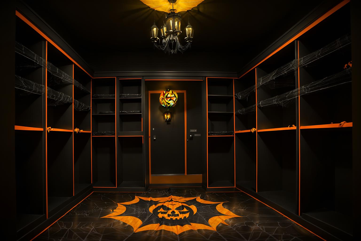 halloween-style (walk in closet interior) . with yellow black balloons and lanterns and glowing pumpkins and spiderwebs and lanterns and cobwebs and cobwebs and human skulls. . cinematic photo, highly detailed, cinematic lighting, ultra-detailed, ultrarealistic, photorealism, 8k. halloween interior design style. masterpiece, cinematic light, ultrarealistic+, photorealistic+, 8k, raw photo, realistic, sharp focus on eyes, (symmetrical eyes), (intact eyes), hyperrealistic, highest quality, best quality, , highly detailed, masterpiece, best quality, extremely detailed 8k wallpaper, masterpiece, best quality, ultra-detailed, best shadow, detailed background, detailed face, detailed eyes, high contrast, best illumination, detailed face, dulux, caustic, dynamic angle, detailed glow. dramatic lighting. highly detailed, insanely detailed hair, symmetrical, intricate details, professionally retouched, 8k high definition. strong bokeh. award winning photo.