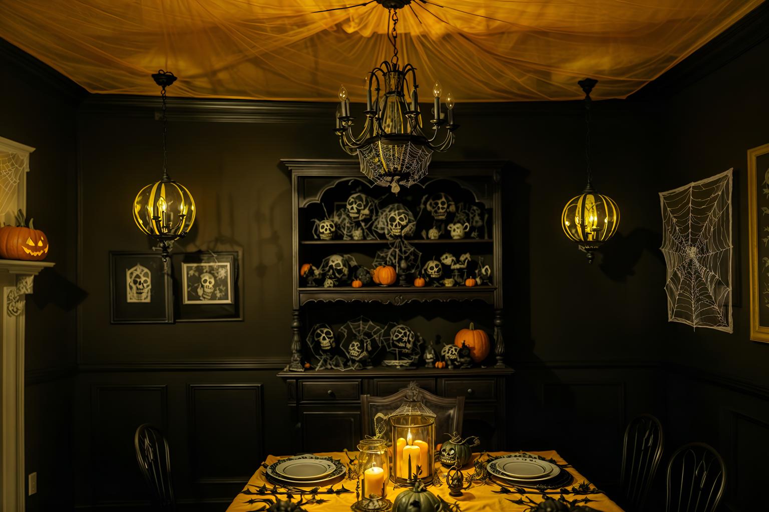 halloween-style (dining room interior) with plant and table cloth and painting or photo on wall and bookshelves and light or chandelier and dining table and vase and plates, cutlery and glasses on dining table. . with spiderwebs and cobwebs and lanterns and cobwebs and yellow black balloons and lanterns and glowing pumpkins and human skulls. . cinematic photo, highly detailed, cinematic lighting, ultra-detailed, ultrarealistic, photorealism, 8k. halloween interior design style. masterpiece, cinematic light, ultrarealistic+, photorealistic+, 8k, raw photo, realistic, sharp focus on eyes, (symmetrical eyes), (intact eyes), hyperrealistic, highest quality, best quality, , highly detailed, masterpiece, best quality, extremely detailed 8k wallpaper, masterpiece, best quality, ultra-detailed, best shadow, detailed background, detailed face, detailed eyes, high contrast, best illumination, detailed face, dulux, caustic, dynamic angle, detailed glow. dramatic lighting. highly detailed, insanely detailed hair, symmetrical, intricate details, professionally retouched, 8k high definition. strong bokeh. award winning photo.