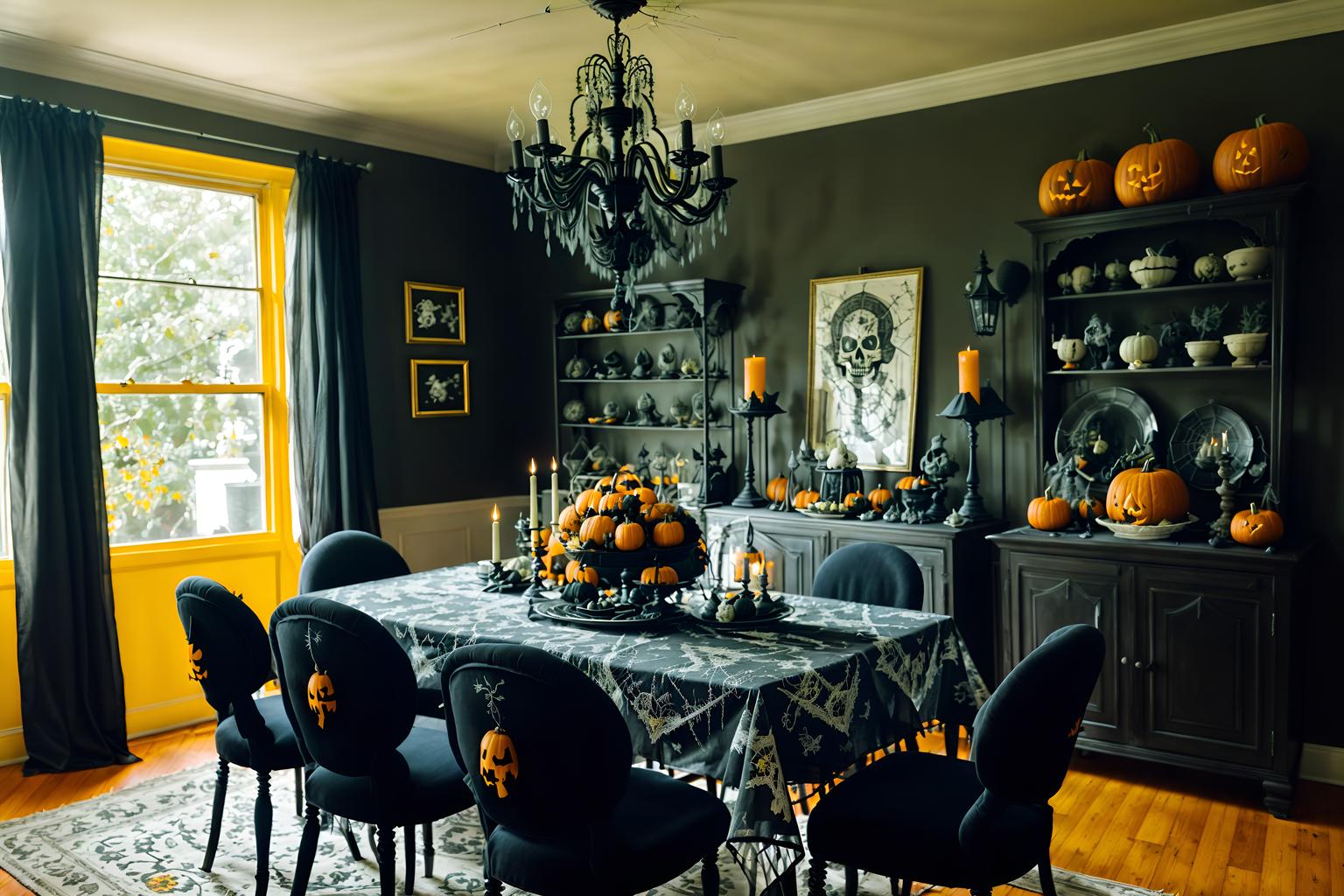 halloween-style (dining room interior) with plant and table cloth and painting or photo on wall and bookshelves and light or chandelier and dining table and vase and plates, cutlery and glasses on dining table. . with spiderwebs and cobwebs and lanterns and cobwebs and yellow black balloons and lanterns and glowing pumpkins and human skulls. . cinematic photo, highly detailed, cinematic lighting, ultra-detailed, ultrarealistic, photorealism, 8k. halloween interior design style. masterpiece, cinematic light, ultrarealistic+, photorealistic+, 8k, raw photo, realistic, sharp focus on eyes, (symmetrical eyes), (intact eyes), hyperrealistic, highest quality, best quality, , highly detailed, masterpiece, best quality, extremely detailed 8k wallpaper, masterpiece, best quality, ultra-detailed, best shadow, detailed background, detailed face, detailed eyes, high contrast, best illumination, detailed face, dulux, caustic, dynamic angle, detailed glow. dramatic lighting. highly detailed, insanely detailed hair, symmetrical, intricate details, professionally retouched, 8k high definition. strong bokeh. award winning photo.