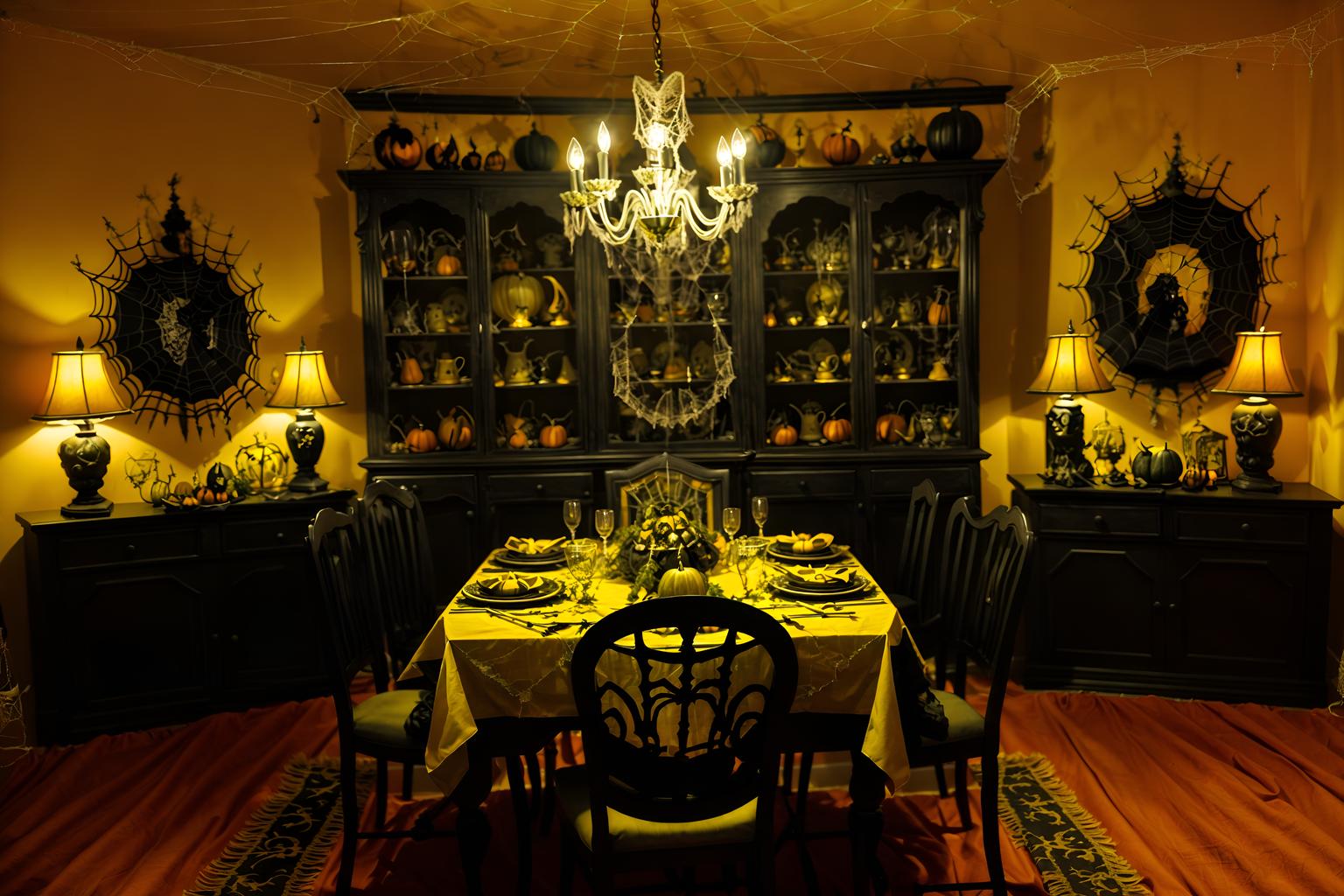 halloween-style (dining room interior) with plant and table cloth and painting or photo on wall and bookshelves and light or chandelier and dining table and vase and plates, cutlery and glasses on dining table. . with spiderwebs and cobwebs and lanterns and cobwebs and yellow black balloons and lanterns and glowing pumpkins and human skulls. . cinematic photo, highly detailed, cinematic lighting, ultra-detailed, ultrarealistic, photorealism, 8k. halloween interior design style. masterpiece, cinematic light, ultrarealistic+, photorealistic+, 8k, raw photo, realistic, sharp focus on eyes, (symmetrical eyes), (intact eyes), hyperrealistic, highest quality, best quality, , highly detailed, masterpiece, best quality, extremely detailed 8k wallpaper, masterpiece, best quality, ultra-detailed, best shadow, detailed background, detailed face, detailed eyes, high contrast, best illumination, detailed face, dulux, caustic, dynamic angle, detailed glow. dramatic lighting. highly detailed, insanely detailed hair, symmetrical, intricate details, professionally retouched, 8k high definition. strong bokeh. award winning photo.