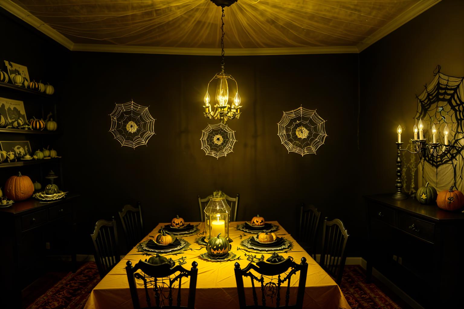 halloween-style (dining room interior) with plant and table cloth and painting or photo on wall and bookshelves and light or chandelier and dining table and vase and plates, cutlery and glasses on dining table. . with spiderwebs and cobwebs and lanterns and cobwebs and yellow black balloons and lanterns and glowing pumpkins and human skulls. . cinematic photo, highly detailed, cinematic lighting, ultra-detailed, ultrarealistic, photorealism, 8k. halloween interior design style. masterpiece, cinematic light, ultrarealistic+, photorealistic+, 8k, raw photo, realistic, sharp focus on eyes, (symmetrical eyes), (intact eyes), hyperrealistic, highest quality, best quality, , highly detailed, masterpiece, best quality, extremely detailed 8k wallpaper, masterpiece, best quality, ultra-detailed, best shadow, detailed background, detailed face, detailed eyes, high contrast, best illumination, detailed face, dulux, caustic, dynamic angle, detailed glow. dramatic lighting. highly detailed, insanely detailed hair, symmetrical, intricate details, professionally retouched, 8k high definition. strong bokeh. award winning photo.