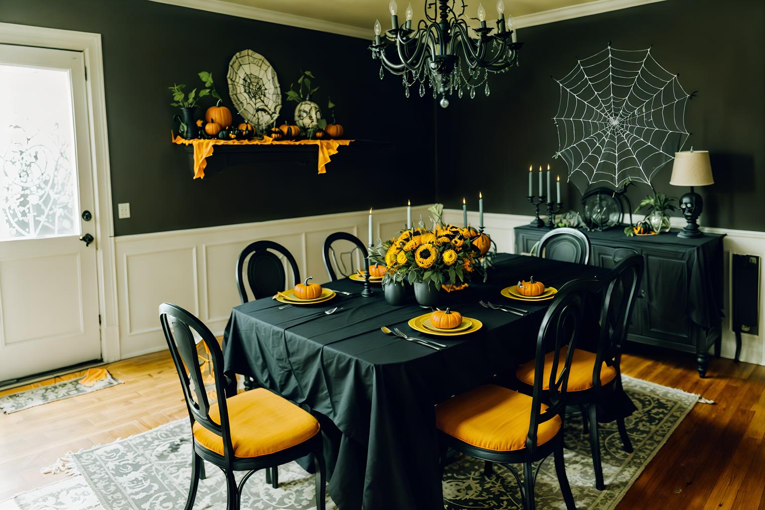 halloween-style (dining room interior) with plant and table cloth and painting or photo on wall and bookshelves and light or chandelier and dining table and vase and plates, cutlery and glasses on dining table. . with spiderwebs and cobwebs and lanterns and cobwebs and yellow black balloons and lanterns and glowing pumpkins and human skulls. . cinematic photo, highly detailed, cinematic lighting, ultra-detailed, ultrarealistic, photorealism, 8k. halloween interior design style. masterpiece, cinematic light, ultrarealistic+, photorealistic+, 8k, raw photo, realistic, sharp focus on eyes, (symmetrical eyes), (intact eyes), hyperrealistic, highest quality, best quality, , highly detailed, masterpiece, best quality, extremely detailed 8k wallpaper, masterpiece, best quality, ultra-detailed, best shadow, detailed background, detailed face, detailed eyes, high contrast, best illumination, detailed face, dulux, caustic, dynamic angle, detailed glow. dramatic lighting. highly detailed, insanely detailed hair, symmetrical, intricate details, professionally retouched, 8k high definition. strong bokeh. award winning photo.