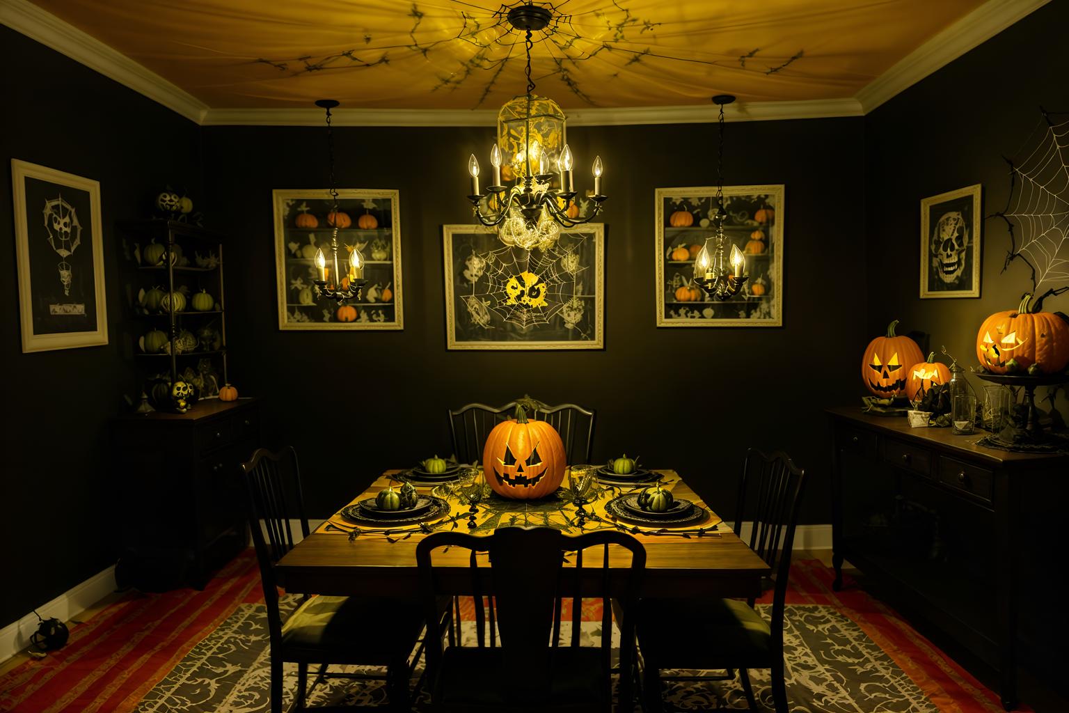 halloween-style (dining room interior) with plant and table cloth and painting or photo on wall and bookshelves and light or chandelier and dining table and vase and plates, cutlery and glasses on dining table. . with spiderwebs and cobwebs and lanterns and cobwebs and yellow black balloons and lanterns and glowing pumpkins and human skulls. . cinematic photo, highly detailed, cinematic lighting, ultra-detailed, ultrarealistic, photorealism, 8k. halloween interior design style. masterpiece, cinematic light, ultrarealistic+, photorealistic+, 8k, raw photo, realistic, sharp focus on eyes, (symmetrical eyes), (intact eyes), hyperrealistic, highest quality, best quality, , highly detailed, masterpiece, best quality, extremely detailed 8k wallpaper, masterpiece, best quality, ultra-detailed, best shadow, detailed background, detailed face, detailed eyes, high contrast, best illumination, detailed face, dulux, caustic, dynamic angle, detailed glow. dramatic lighting. highly detailed, insanely detailed hair, symmetrical, intricate details, professionally retouched, 8k high definition. strong bokeh. award winning photo.