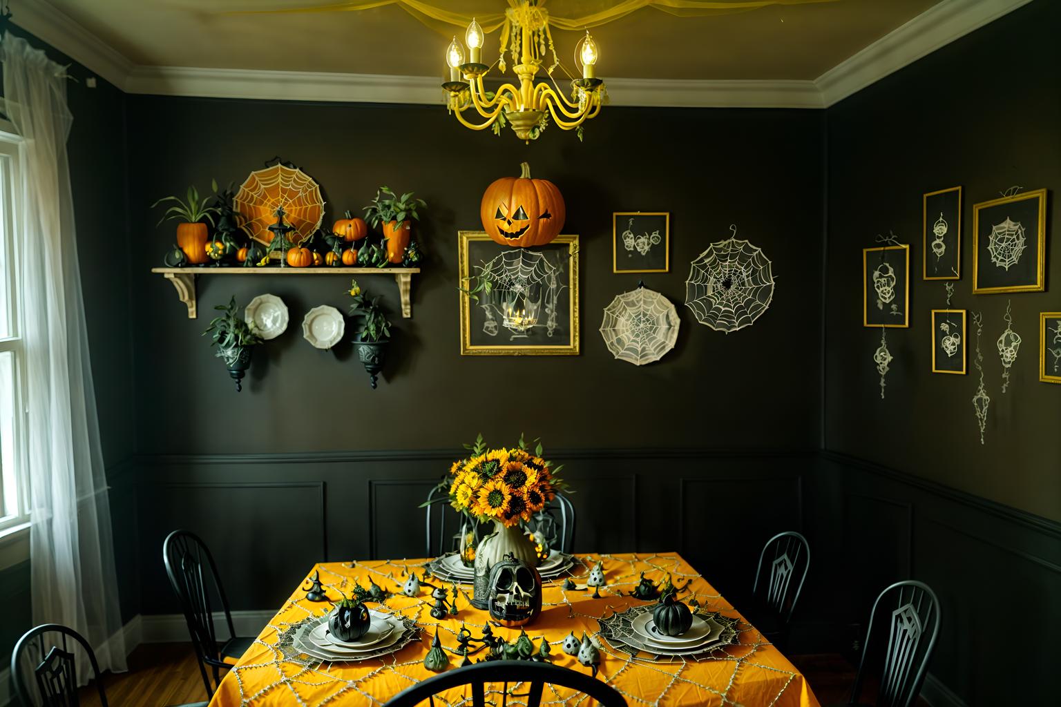 halloween-style (dining room interior) with plant and table cloth and painting or photo on wall and bookshelves and light or chandelier and dining table and vase and plates, cutlery and glasses on dining table. . with spiderwebs and cobwebs and lanterns and cobwebs and yellow black balloons and lanterns and glowing pumpkins and human skulls. . cinematic photo, highly detailed, cinematic lighting, ultra-detailed, ultrarealistic, photorealism, 8k. halloween interior design style. masterpiece, cinematic light, ultrarealistic+, photorealistic+, 8k, raw photo, realistic, sharp focus on eyes, (symmetrical eyes), (intact eyes), hyperrealistic, highest quality, best quality, , highly detailed, masterpiece, best quality, extremely detailed 8k wallpaper, masterpiece, best quality, ultra-detailed, best shadow, detailed background, detailed face, detailed eyes, high contrast, best illumination, detailed face, dulux, caustic, dynamic angle, detailed glow. dramatic lighting. highly detailed, insanely detailed hair, symmetrical, intricate details, professionally retouched, 8k high definition. strong bokeh. award winning photo.