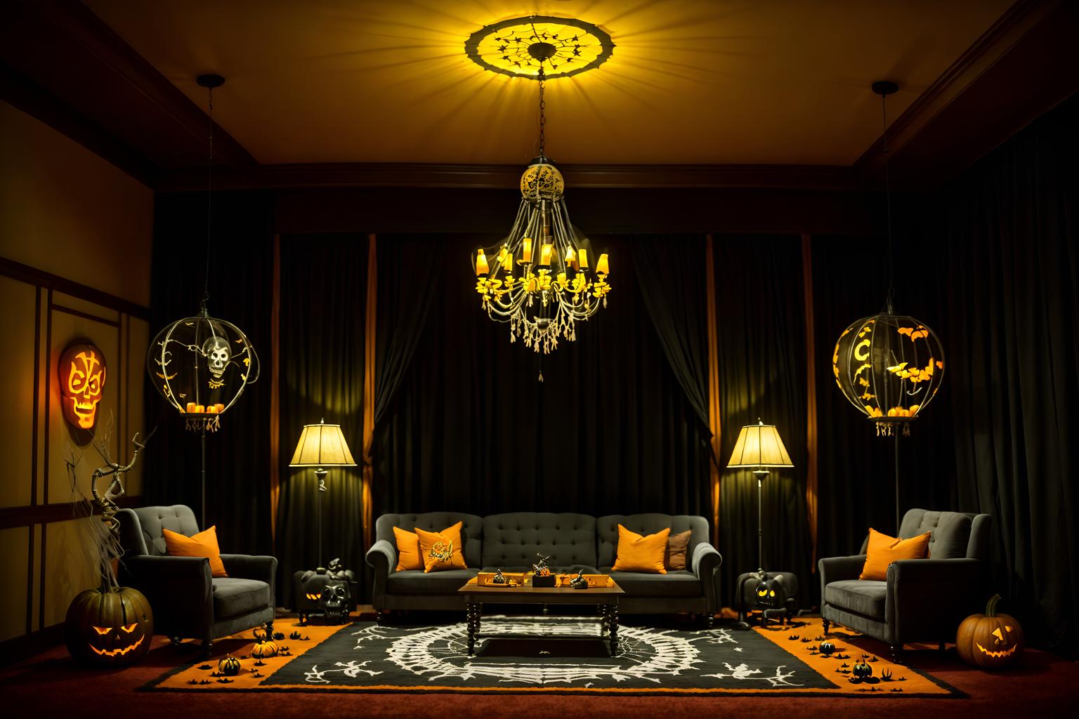 halloween-style (hotel lobby interior) with plant and check in desk and furniture and rug and sofas and coffee tables and hanging lamps and lounge chairs. . with skeletons sitting and standing and cobwebs and glowing pumpkins and yellow black balloons and lanterns and lanterns and human skulls and spiderwebs. . cinematic photo, highly detailed, cinematic lighting, ultra-detailed, ultrarealistic, photorealism, 8k. halloween interior design style. masterpiece, cinematic light, ultrarealistic+, photorealistic+, 8k, raw photo, realistic, sharp focus on eyes, (symmetrical eyes), (intact eyes), hyperrealistic, highest quality, best quality, , highly detailed, masterpiece, best quality, extremely detailed 8k wallpaper, masterpiece, best quality, ultra-detailed, best shadow, detailed background, detailed face, detailed eyes, high contrast, best illumination, detailed face, dulux, caustic, dynamic angle, detailed glow. dramatic lighting. highly detailed, insanely detailed hair, symmetrical, intricate details, professionally retouched, 8k high definition. strong bokeh. award winning photo.