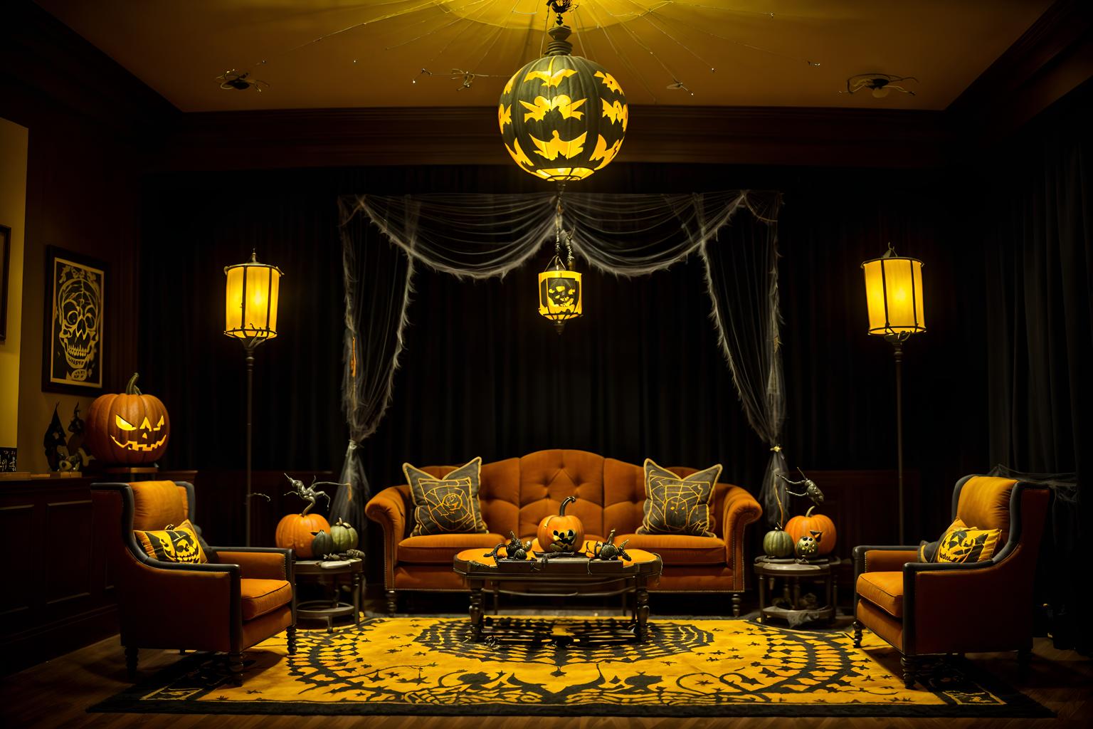 halloween-style (hotel lobby interior) with plant and check in desk and furniture and rug and sofas and coffee tables and hanging lamps and lounge chairs. . with skeletons sitting and standing and cobwebs and glowing pumpkins and yellow black balloons and lanterns and lanterns and human skulls and spiderwebs. . cinematic photo, highly detailed, cinematic lighting, ultra-detailed, ultrarealistic, photorealism, 8k. halloween interior design style. masterpiece, cinematic light, ultrarealistic+, photorealistic+, 8k, raw photo, realistic, sharp focus on eyes, (symmetrical eyes), (intact eyes), hyperrealistic, highest quality, best quality, , highly detailed, masterpiece, best quality, extremely detailed 8k wallpaper, masterpiece, best quality, ultra-detailed, best shadow, detailed background, detailed face, detailed eyes, high contrast, best illumination, detailed face, dulux, caustic, dynamic angle, detailed glow. dramatic lighting. highly detailed, insanely detailed hair, symmetrical, intricate details, professionally retouched, 8k high definition. strong bokeh. award winning photo.