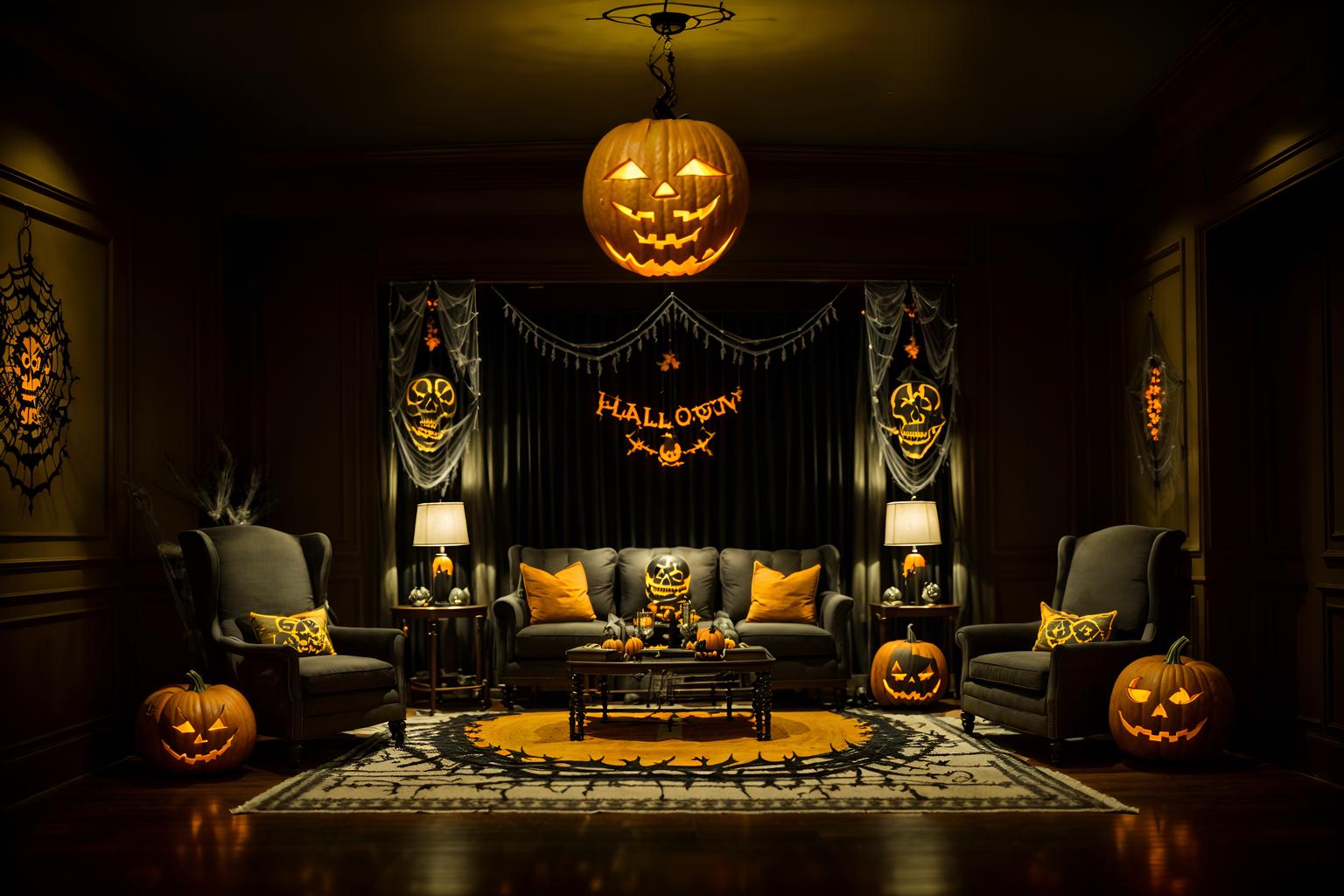 halloween-style (hotel lobby interior) with plant and check in desk and furniture and rug and sofas and coffee tables and hanging lamps and lounge chairs. . with skeletons sitting and standing and cobwebs and glowing pumpkins and yellow black balloons and lanterns and lanterns and human skulls and spiderwebs. . cinematic photo, highly detailed, cinematic lighting, ultra-detailed, ultrarealistic, photorealism, 8k. halloween interior design style. masterpiece, cinematic light, ultrarealistic+, photorealistic+, 8k, raw photo, realistic, sharp focus on eyes, (symmetrical eyes), (intact eyes), hyperrealistic, highest quality, best quality, , highly detailed, masterpiece, best quality, extremely detailed 8k wallpaper, masterpiece, best quality, ultra-detailed, best shadow, detailed background, detailed face, detailed eyes, high contrast, best illumination, detailed face, dulux, caustic, dynamic angle, detailed glow. dramatic lighting. highly detailed, insanely detailed hair, symmetrical, intricate details, professionally retouched, 8k high definition. strong bokeh. award winning photo.