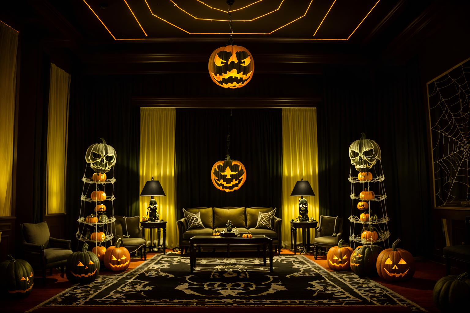 halloween-style (hotel lobby interior) with plant and check in desk and furniture and rug and sofas and coffee tables and hanging lamps and lounge chairs. . with skeletons sitting and standing and cobwebs and glowing pumpkins and yellow black balloons and lanterns and lanterns and human skulls and spiderwebs. . cinematic photo, highly detailed, cinematic lighting, ultra-detailed, ultrarealistic, photorealism, 8k. halloween interior design style. masterpiece, cinematic light, ultrarealistic+, photorealistic+, 8k, raw photo, realistic, sharp focus on eyes, (symmetrical eyes), (intact eyes), hyperrealistic, highest quality, best quality, , highly detailed, masterpiece, best quality, extremely detailed 8k wallpaper, masterpiece, best quality, ultra-detailed, best shadow, detailed background, detailed face, detailed eyes, high contrast, best illumination, detailed face, dulux, caustic, dynamic angle, detailed glow. dramatic lighting. highly detailed, insanely detailed hair, symmetrical, intricate details, professionally retouched, 8k high definition. strong bokeh. award winning photo.