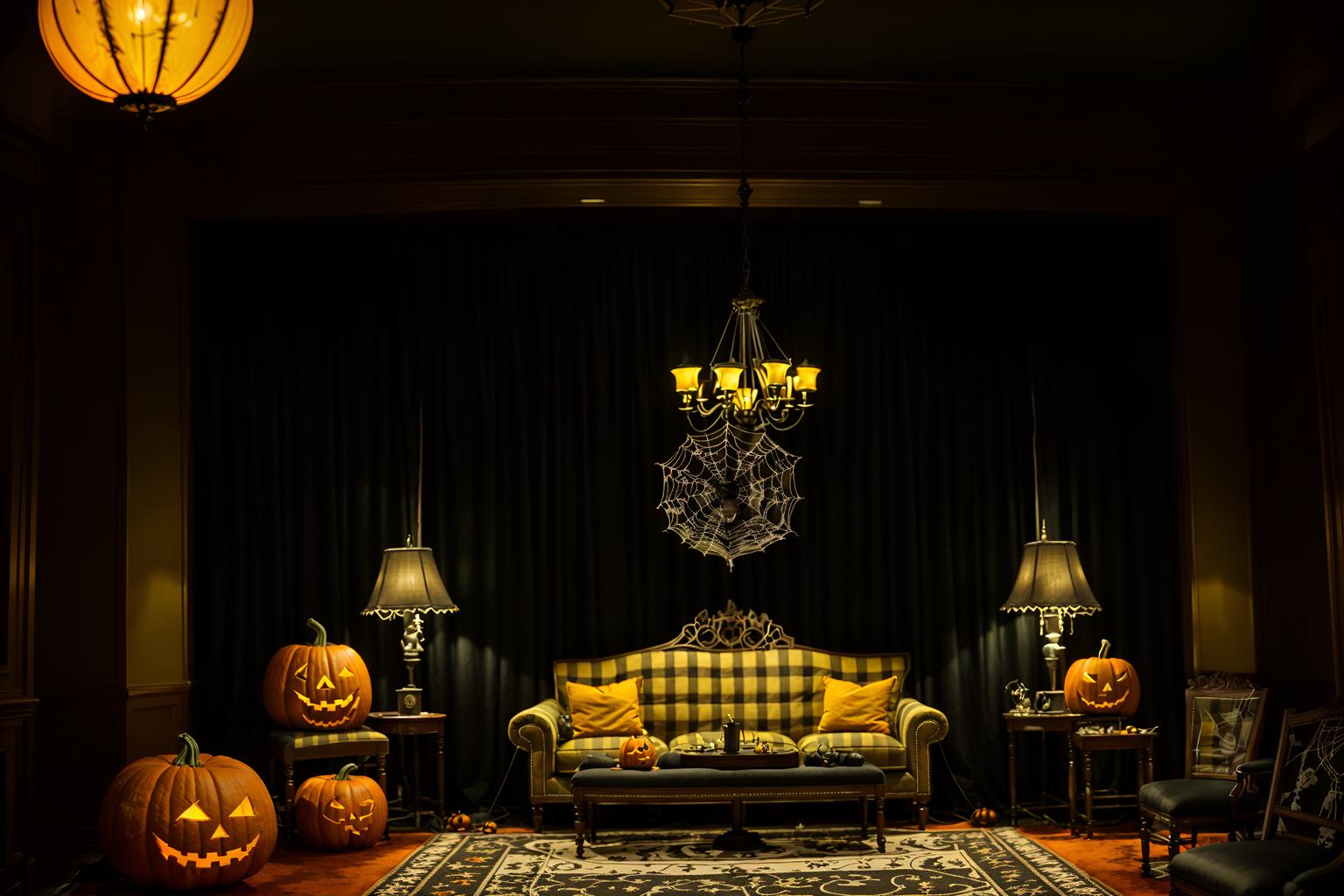 halloween-style (hotel lobby interior) with plant and check in desk and furniture and rug and sofas and coffee tables and hanging lamps and lounge chairs. . with skeletons sitting and standing and cobwebs and glowing pumpkins and yellow black balloons and lanterns and lanterns and human skulls and spiderwebs. . cinematic photo, highly detailed, cinematic lighting, ultra-detailed, ultrarealistic, photorealism, 8k. halloween interior design style. masterpiece, cinematic light, ultrarealistic+, photorealistic+, 8k, raw photo, realistic, sharp focus on eyes, (symmetrical eyes), (intact eyes), hyperrealistic, highest quality, best quality, , highly detailed, masterpiece, best quality, extremely detailed 8k wallpaper, masterpiece, best quality, ultra-detailed, best shadow, detailed background, detailed face, detailed eyes, high contrast, best illumination, detailed face, dulux, caustic, dynamic angle, detailed glow. dramatic lighting. highly detailed, insanely detailed hair, symmetrical, intricate details, professionally retouched, 8k high definition. strong bokeh. award winning photo.