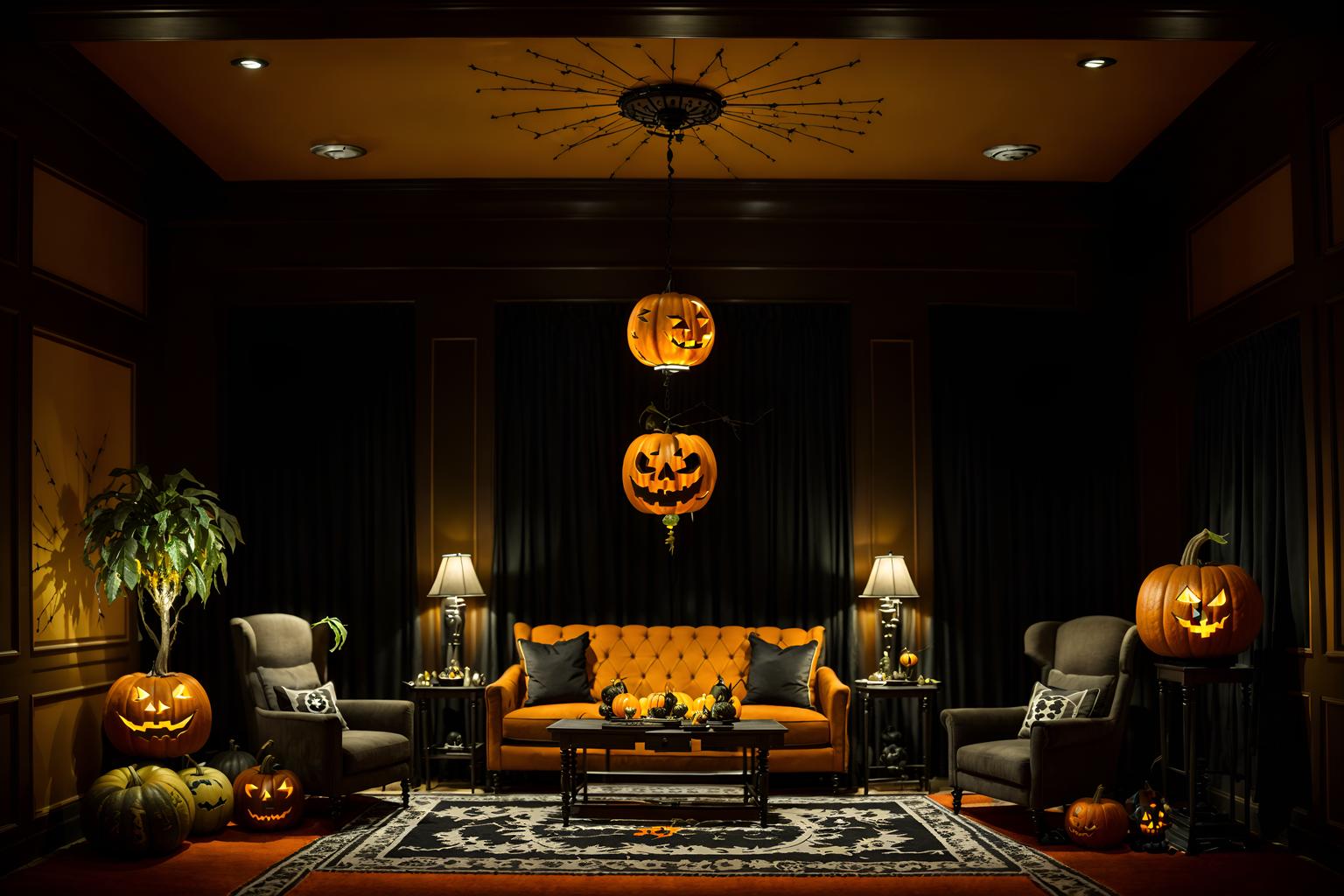 halloween-style (hotel lobby interior) with plant and check in desk and furniture and rug and sofas and coffee tables and hanging lamps and lounge chairs. . with skeletons sitting and standing and cobwebs and glowing pumpkins and yellow black balloons and lanterns and lanterns and human skulls and spiderwebs. . cinematic photo, highly detailed, cinematic lighting, ultra-detailed, ultrarealistic, photorealism, 8k. halloween interior design style. masterpiece, cinematic light, ultrarealistic+, photorealistic+, 8k, raw photo, realistic, sharp focus on eyes, (symmetrical eyes), (intact eyes), hyperrealistic, highest quality, best quality, , highly detailed, masterpiece, best quality, extremely detailed 8k wallpaper, masterpiece, best quality, ultra-detailed, best shadow, detailed background, detailed face, detailed eyes, high contrast, best illumination, detailed face, dulux, caustic, dynamic angle, detailed glow. dramatic lighting. highly detailed, insanely detailed hair, symmetrical, intricate details, professionally retouched, 8k high definition. strong bokeh. award winning photo.