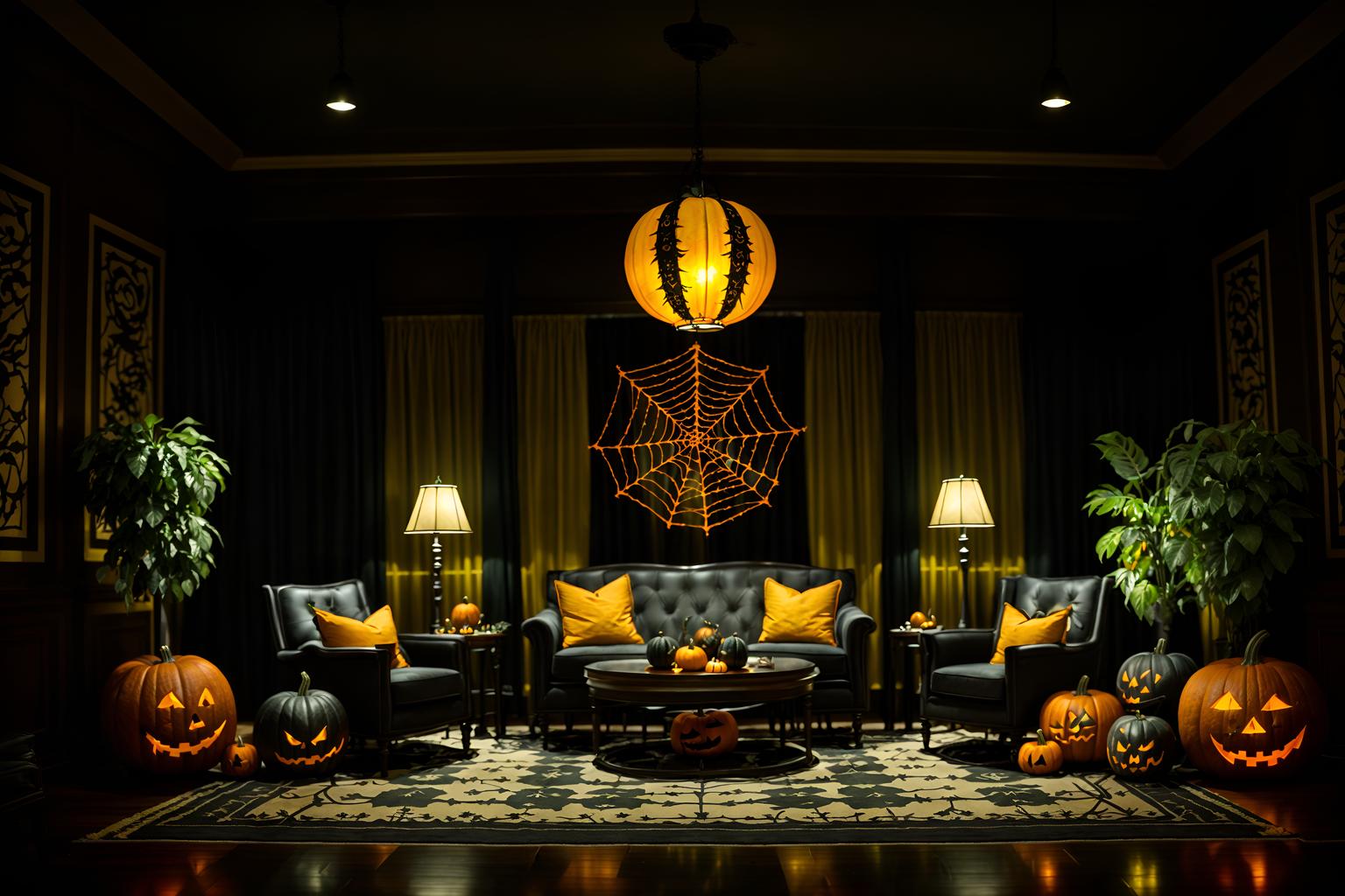 halloween-style (hotel lobby interior) with plant and check in desk and furniture and rug and sofas and coffee tables and hanging lamps and lounge chairs. . with skeletons sitting and standing and cobwebs and glowing pumpkins and yellow black balloons and lanterns and lanterns and human skulls and spiderwebs. . cinematic photo, highly detailed, cinematic lighting, ultra-detailed, ultrarealistic, photorealism, 8k. halloween interior design style. masterpiece, cinematic light, ultrarealistic+, photorealistic+, 8k, raw photo, realistic, sharp focus on eyes, (symmetrical eyes), (intact eyes), hyperrealistic, highest quality, best quality, , highly detailed, masterpiece, best quality, extremely detailed 8k wallpaper, masterpiece, best quality, ultra-detailed, best shadow, detailed background, detailed face, detailed eyes, high contrast, best illumination, detailed face, dulux, caustic, dynamic angle, detailed glow. dramatic lighting. highly detailed, insanely detailed hair, symmetrical, intricate details, professionally retouched, 8k high definition. strong bokeh. award winning photo.