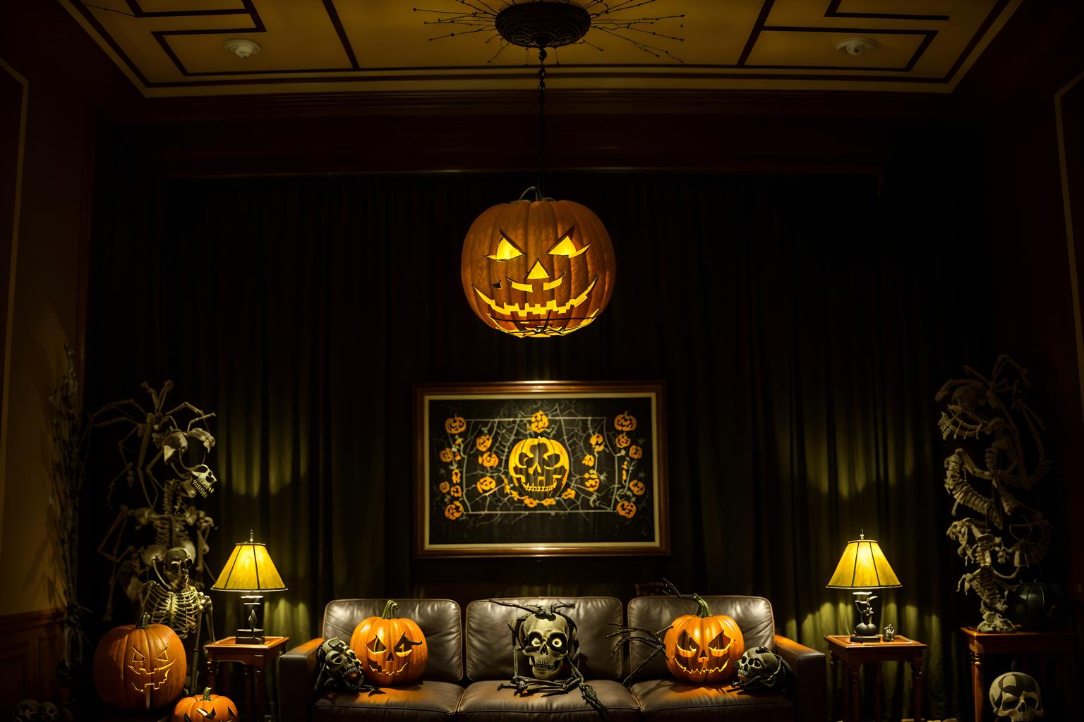 halloween-style (hotel lobby interior) with plant and check in desk and furniture and rug and sofas and coffee tables and hanging lamps and lounge chairs. . with skeletons sitting and standing and cobwebs and glowing pumpkins and yellow black balloons and lanterns and lanterns and human skulls and spiderwebs. . cinematic photo, highly detailed, cinematic lighting, ultra-detailed, ultrarealistic, photorealism, 8k. halloween interior design style. masterpiece, cinematic light, ultrarealistic+, photorealistic+, 8k, raw photo, realistic, sharp focus on eyes, (symmetrical eyes), (intact eyes), hyperrealistic, highest quality, best quality, , highly detailed, masterpiece, best quality, extremely detailed 8k wallpaper, masterpiece, best quality, ultra-detailed, best shadow, detailed background, detailed face, detailed eyes, high contrast, best illumination, detailed face, dulux, caustic, dynamic angle, detailed glow. dramatic lighting. highly detailed, insanely detailed hair, symmetrical, intricate details, professionally retouched, 8k high definition. strong bokeh. award winning photo.