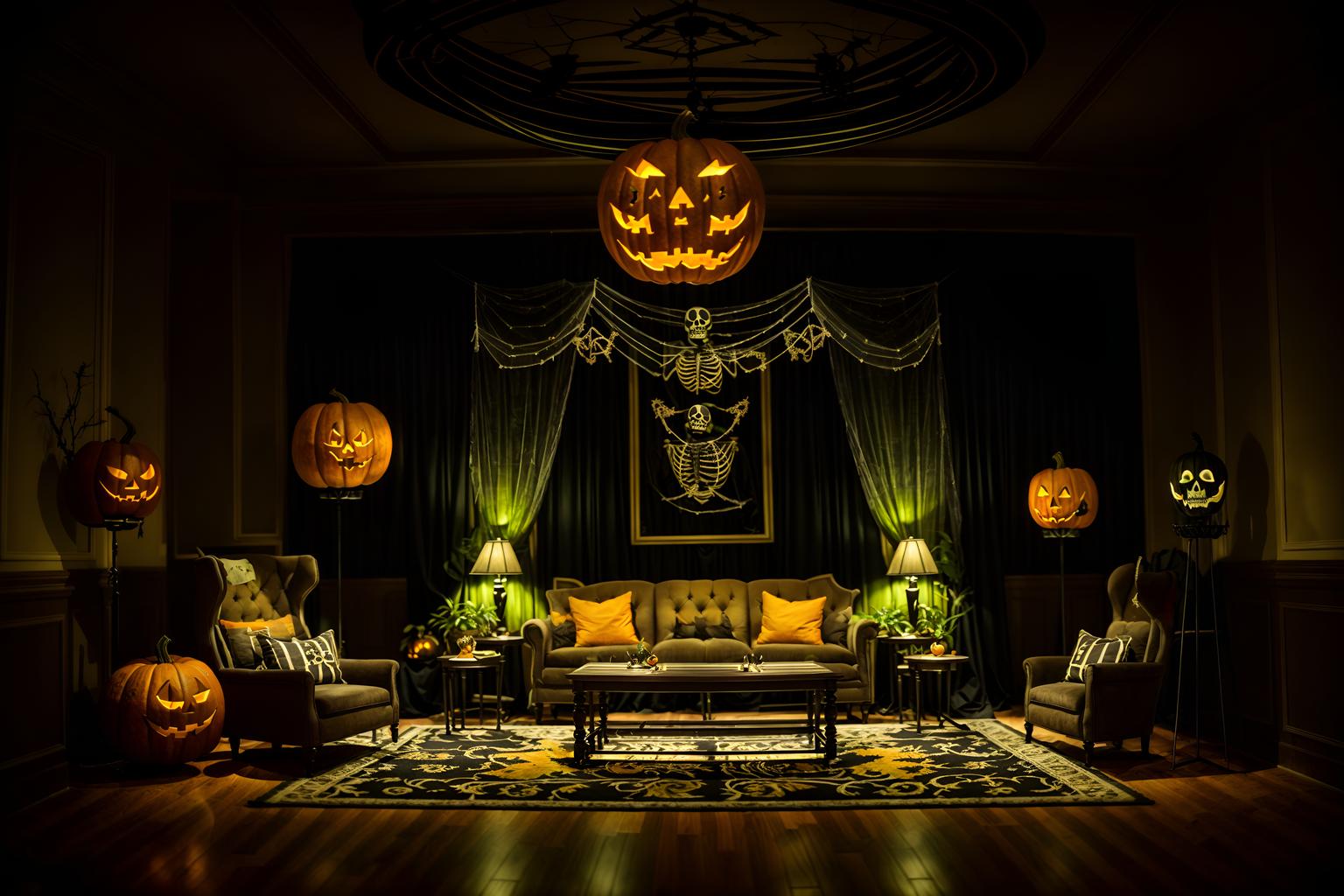 halloween-style (hotel lobby interior) with plant and check in desk and furniture and rug and sofas and coffee tables and hanging lamps and lounge chairs. . with skeletons sitting and standing and cobwebs and glowing pumpkins and yellow black balloons and lanterns and lanterns and human skulls and spiderwebs. . cinematic photo, highly detailed, cinematic lighting, ultra-detailed, ultrarealistic, photorealism, 8k. halloween interior design style. masterpiece, cinematic light, ultrarealistic+, photorealistic+, 8k, raw photo, realistic, sharp focus on eyes, (symmetrical eyes), (intact eyes), hyperrealistic, highest quality, best quality, , highly detailed, masterpiece, best quality, extremely detailed 8k wallpaper, masterpiece, best quality, ultra-detailed, best shadow, detailed background, detailed face, detailed eyes, high contrast, best illumination, detailed face, dulux, caustic, dynamic angle, detailed glow. dramatic lighting. highly detailed, insanely detailed hair, symmetrical, intricate details, professionally retouched, 8k high definition. strong bokeh. award winning photo.