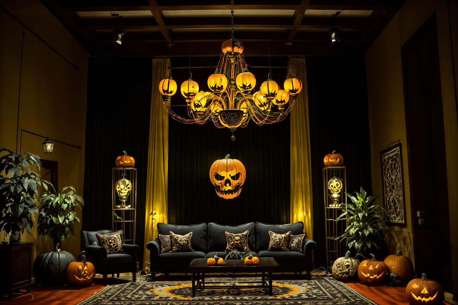 halloween-style (hotel lobby interior) with plant and check in desk and furniture and rug and sofas and coffee tables and hanging lamps and lounge chairs. . with skeletons sitting and standing and cobwebs and glowing pumpkins and yellow black balloons and lanterns and lanterns and human skulls and spiderwebs. . cinematic photo, highly detailed, cinematic lighting, ultra-detailed, ultrarealistic, photorealism, 8k. halloween interior design style. masterpiece, cinematic light, ultrarealistic+, photorealistic+, 8k, raw photo, realistic, sharp focus on eyes, (symmetrical eyes), (intact eyes), hyperrealistic, highest quality, best quality, , highly detailed, masterpiece, best quality, extremely detailed 8k wallpaper, masterpiece, best quality, ultra-detailed, best shadow, detailed background, detailed face, detailed eyes, high contrast, best illumination, detailed face, dulux, caustic, dynamic angle, detailed glow. dramatic lighting. highly detailed, insanely detailed hair, symmetrical, intricate details, professionally retouched, 8k high definition. strong bokeh. award winning photo.