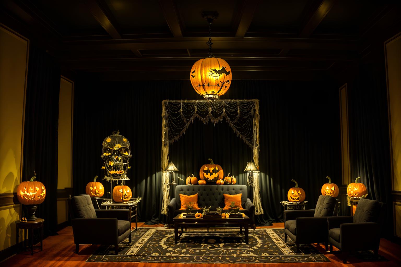 halloween-style (hotel lobby interior) with plant and check in desk and furniture and rug and sofas and coffee tables and hanging lamps and lounge chairs. . with skeletons sitting and standing and cobwebs and glowing pumpkins and yellow black balloons and lanterns and lanterns and human skulls and spiderwebs. . cinematic photo, highly detailed, cinematic lighting, ultra-detailed, ultrarealistic, photorealism, 8k. halloween interior design style. masterpiece, cinematic light, ultrarealistic+, photorealistic+, 8k, raw photo, realistic, sharp focus on eyes, (symmetrical eyes), (intact eyes), hyperrealistic, highest quality, best quality, , highly detailed, masterpiece, best quality, extremely detailed 8k wallpaper, masterpiece, best quality, ultra-detailed, best shadow, detailed background, detailed face, detailed eyes, high contrast, best illumination, detailed face, dulux, caustic, dynamic angle, detailed glow. dramatic lighting. highly detailed, insanely detailed hair, symmetrical, intricate details, professionally retouched, 8k high definition. strong bokeh. award winning photo.