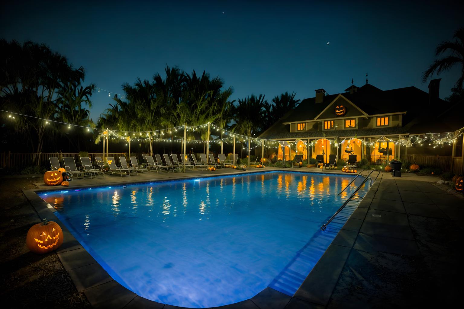 halloween-style designed (outdoor pool area ) with pool and pool lights and pool lounge chairs and pool. . with spiderwebs and glowing pumpkins and cobwebs and yellow black balloons and skeletons sitting and standing and human skulls and cobwebs and lanterns. . cinematic photo, highly detailed, cinematic lighting, ultra-detailed, ultrarealistic, photorealism, 8k. halloween design style. masterpiece, cinematic light, ultrarealistic+, photorealistic+, 8k, raw photo, realistic, sharp focus on eyes, (symmetrical eyes), (intact eyes), hyperrealistic, highest quality, best quality, , highly detailed, masterpiece, best quality, extremely detailed 8k wallpaper, masterpiece, best quality, ultra-detailed, best shadow, detailed background, detailed face, detailed eyes, high contrast, best illumination, detailed face, dulux, caustic, dynamic angle, detailed glow. dramatic lighting. highly detailed, insanely detailed hair, symmetrical, intricate details, professionally retouched, 8k high definition. strong bokeh. award winning photo.