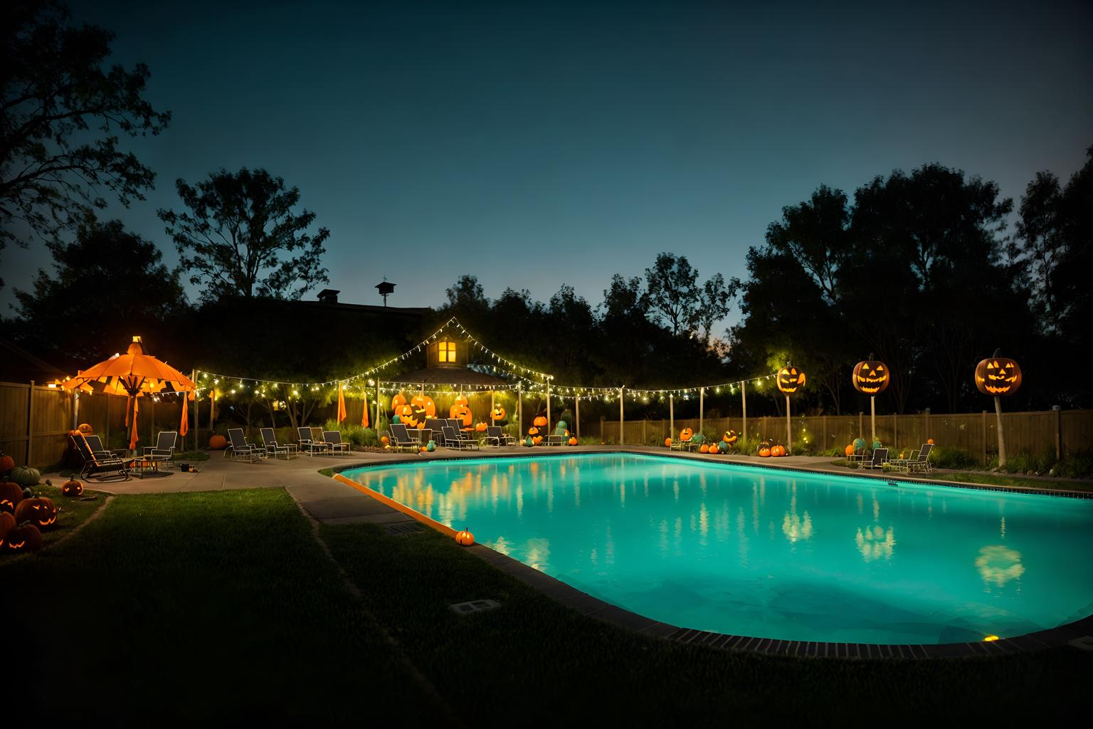 halloween-style designed (outdoor pool area ) with pool and pool lights and pool lounge chairs and pool. . with spiderwebs and glowing pumpkins and cobwebs and yellow black balloons and skeletons sitting and standing and human skulls and cobwebs and lanterns. . cinematic photo, highly detailed, cinematic lighting, ultra-detailed, ultrarealistic, photorealism, 8k. halloween design style. masterpiece, cinematic light, ultrarealistic+, photorealistic+, 8k, raw photo, realistic, sharp focus on eyes, (symmetrical eyes), (intact eyes), hyperrealistic, highest quality, best quality, , highly detailed, masterpiece, best quality, extremely detailed 8k wallpaper, masterpiece, best quality, ultra-detailed, best shadow, detailed background, detailed face, detailed eyes, high contrast, best illumination, detailed face, dulux, caustic, dynamic angle, detailed glow. dramatic lighting. highly detailed, insanely detailed hair, symmetrical, intricate details, professionally retouched, 8k high definition. strong bokeh. award winning photo.