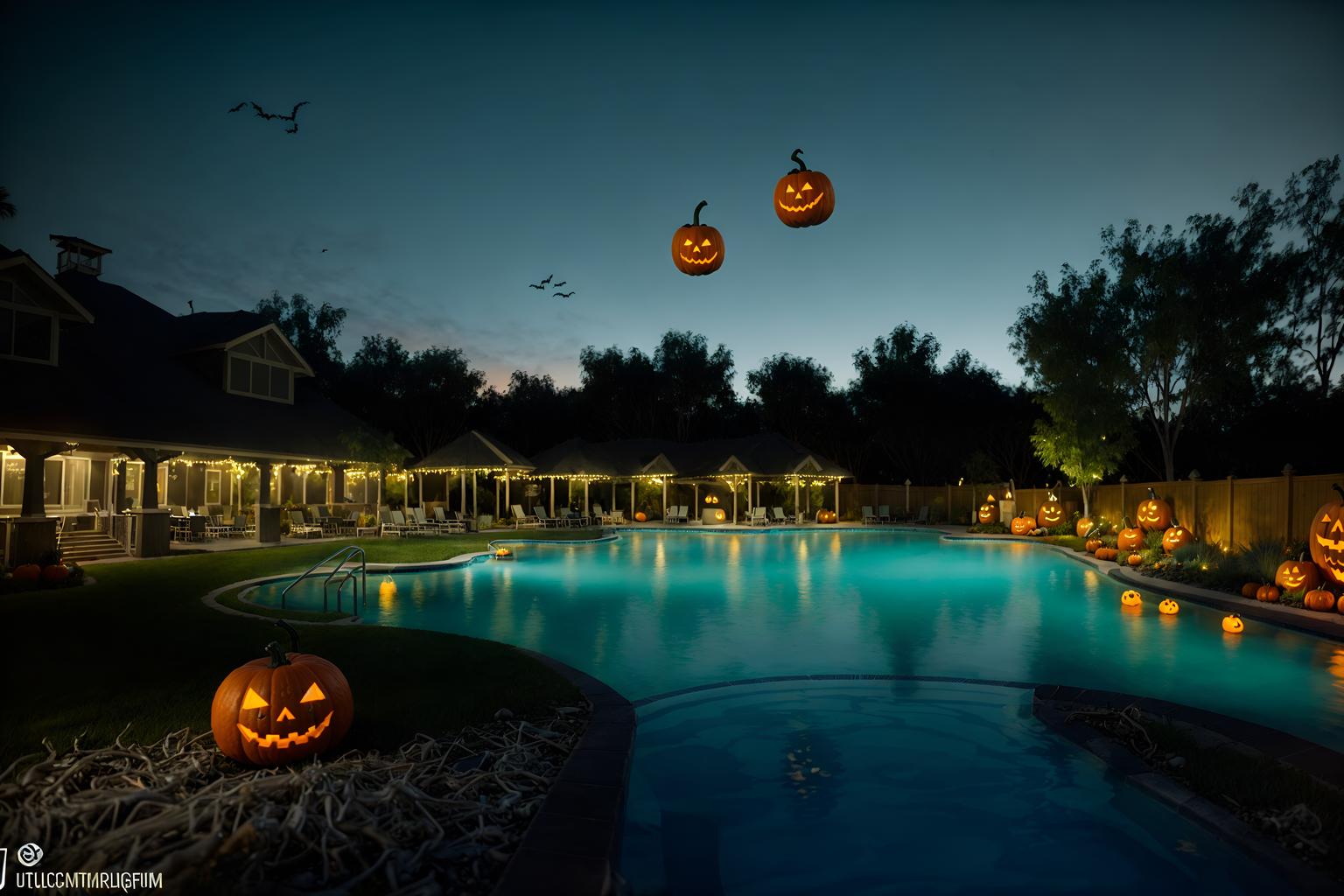 halloween-style designed (outdoor pool area ) with pool and pool lights and pool lounge chairs and pool. . with spiderwebs and glowing pumpkins and cobwebs and yellow black balloons and skeletons sitting and standing and human skulls and cobwebs and lanterns. . cinematic photo, highly detailed, cinematic lighting, ultra-detailed, ultrarealistic, photorealism, 8k. halloween design style. masterpiece, cinematic light, ultrarealistic+, photorealistic+, 8k, raw photo, realistic, sharp focus on eyes, (symmetrical eyes), (intact eyes), hyperrealistic, highest quality, best quality, , highly detailed, masterpiece, best quality, extremely detailed 8k wallpaper, masterpiece, best quality, ultra-detailed, best shadow, detailed background, detailed face, detailed eyes, high contrast, best illumination, detailed face, dulux, caustic, dynamic angle, detailed glow. dramatic lighting. highly detailed, insanely detailed hair, symmetrical, intricate details, professionally retouched, 8k high definition. strong bokeh. award winning photo.