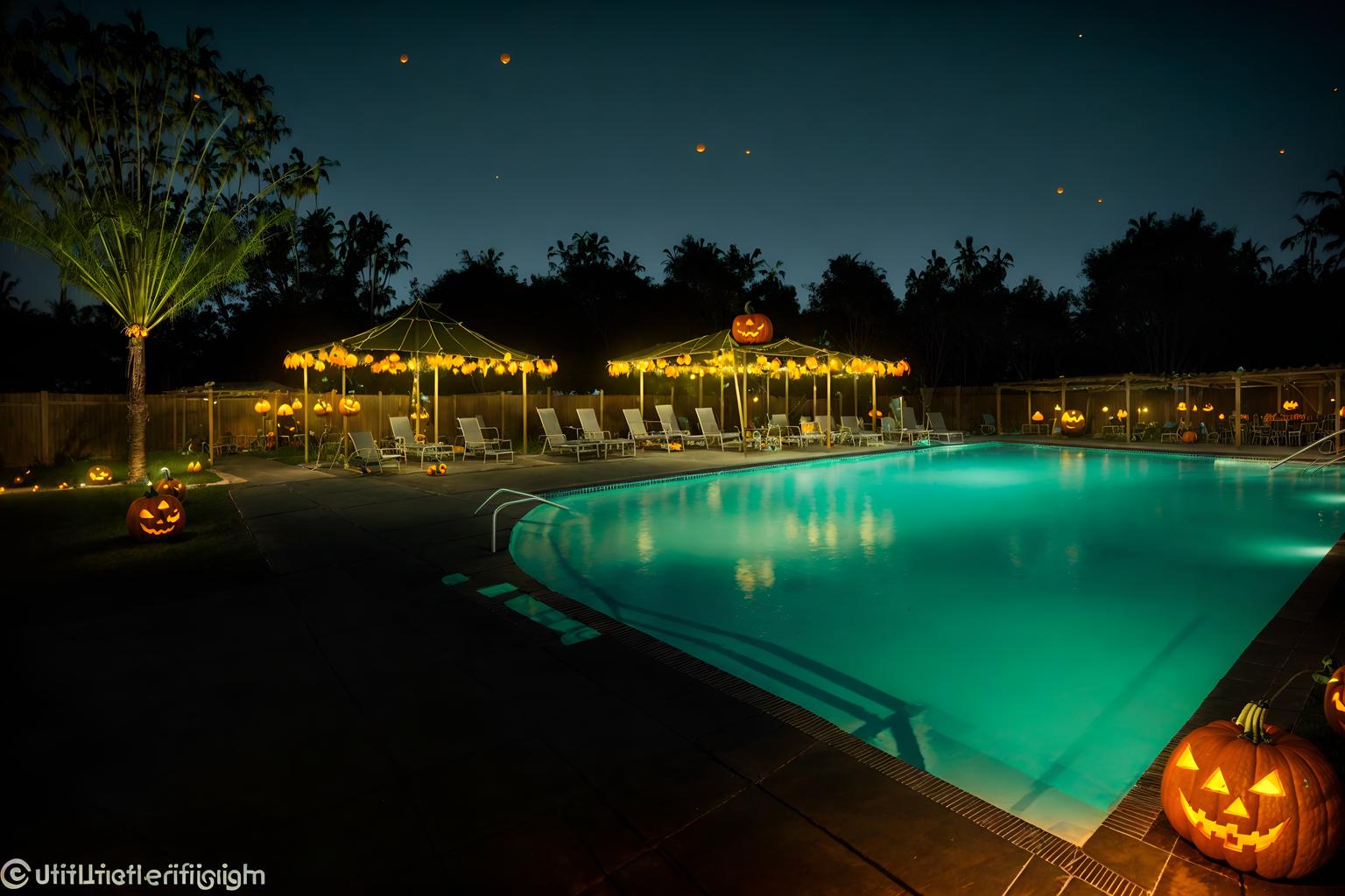 halloween-style designed (outdoor pool area ) with pool and pool lights and pool lounge chairs and pool. . with spiderwebs and glowing pumpkins and cobwebs and yellow black balloons and skeletons sitting and standing and human skulls and cobwebs and lanterns. . cinematic photo, highly detailed, cinematic lighting, ultra-detailed, ultrarealistic, photorealism, 8k. halloween design style. masterpiece, cinematic light, ultrarealistic+, photorealistic+, 8k, raw photo, realistic, sharp focus on eyes, (symmetrical eyes), (intact eyes), hyperrealistic, highest quality, best quality, , highly detailed, masterpiece, best quality, extremely detailed 8k wallpaper, masterpiece, best quality, ultra-detailed, best shadow, detailed background, detailed face, detailed eyes, high contrast, best illumination, detailed face, dulux, caustic, dynamic angle, detailed glow. dramatic lighting. highly detailed, insanely detailed hair, symmetrical, intricate details, professionally retouched, 8k high definition. strong bokeh. award winning photo.