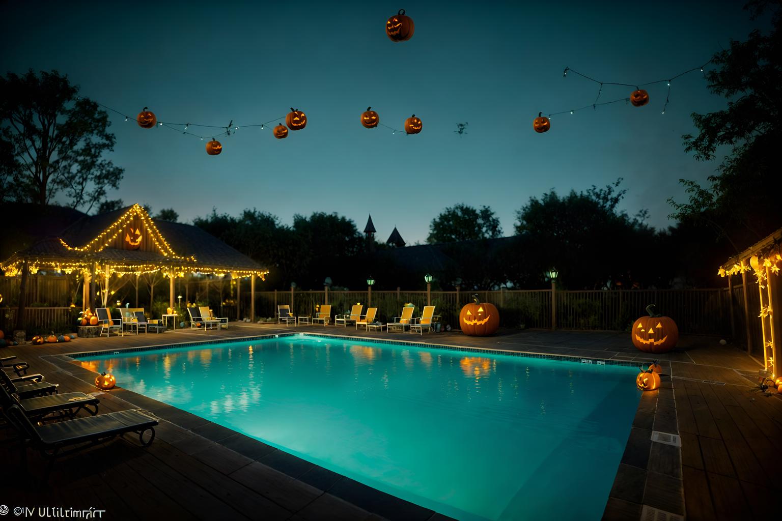 halloween-style designed (outdoor pool area ) with pool and pool lights and pool lounge chairs and pool. . with spiderwebs and glowing pumpkins and cobwebs and yellow black balloons and skeletons sitting and standing and human skulls and cobwebs and lanterns. . cinematic photo, highly detailed, cinematic lighting, ultra-detailed, ultrarealistic, photorealism, 8k. halloween design style. masterpiece, cinematic light, ultrarealistic+, photorealistic+, 8k, raw photo, realistic, sharp focus on eyes, (symmetrical eyes), (intact eyes), hyperrealistic, highest quality, best quality, , highly detailed, masterpiece, best quality, extremely detailed 8k wallpaper, masterpiece, best quality, ultra-detailed, best shadow, detailed background, detailed face, detailed eyes, high contrast, best illumination, detailed face, dulux, caustic, dynamic angle, detailed glow. dramatic lighting. highly detailed, insanely detailed hair, symmetrical, intricate details, professionally retouched, 8k high definition. strong bokeh. award winning photo.