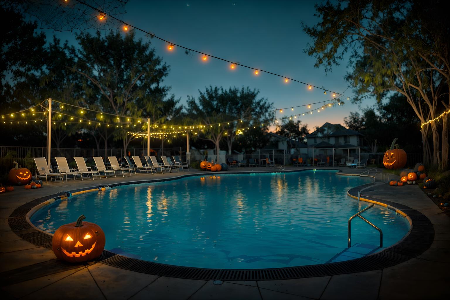 halloween-style designed (outdoor pool area ) with pool and pool lights and pool lounge chairs and pool. . with spiderwebs and glowing pumpkins and cobwebs and yellow black balloons and skeletons sitting and standing and human skulls and cobwebs and lanterns. . cinematic photo, highly detailed, cinematic lighting, ultra-detailed, ultrarealistic, photorealism, 8k. halloween design style. masterpiece, cinematic light, ultrarealistic+, photorealistic+, 8k, raw photo, realistic, sharp focus on eyes, (symmetrical eyes), (intact eyes), hyperrealistic, highest quality, best quality, , highly detailed, masterpiece, best quality, extremely detailed 8k wallpaper, masterpiece, best quality, ultra-detailed, best shadow, detailed background, detailed face, detailed eyes, high contrast, best illumination, detailed face, dulux, caustic, dynamic angle, detailed glow. dramatic lighting. highly detailed, insanely detailed hair, symmetrical, intricate details, professionally retouched, 8k high definition. strong bokeh. award winning photo.