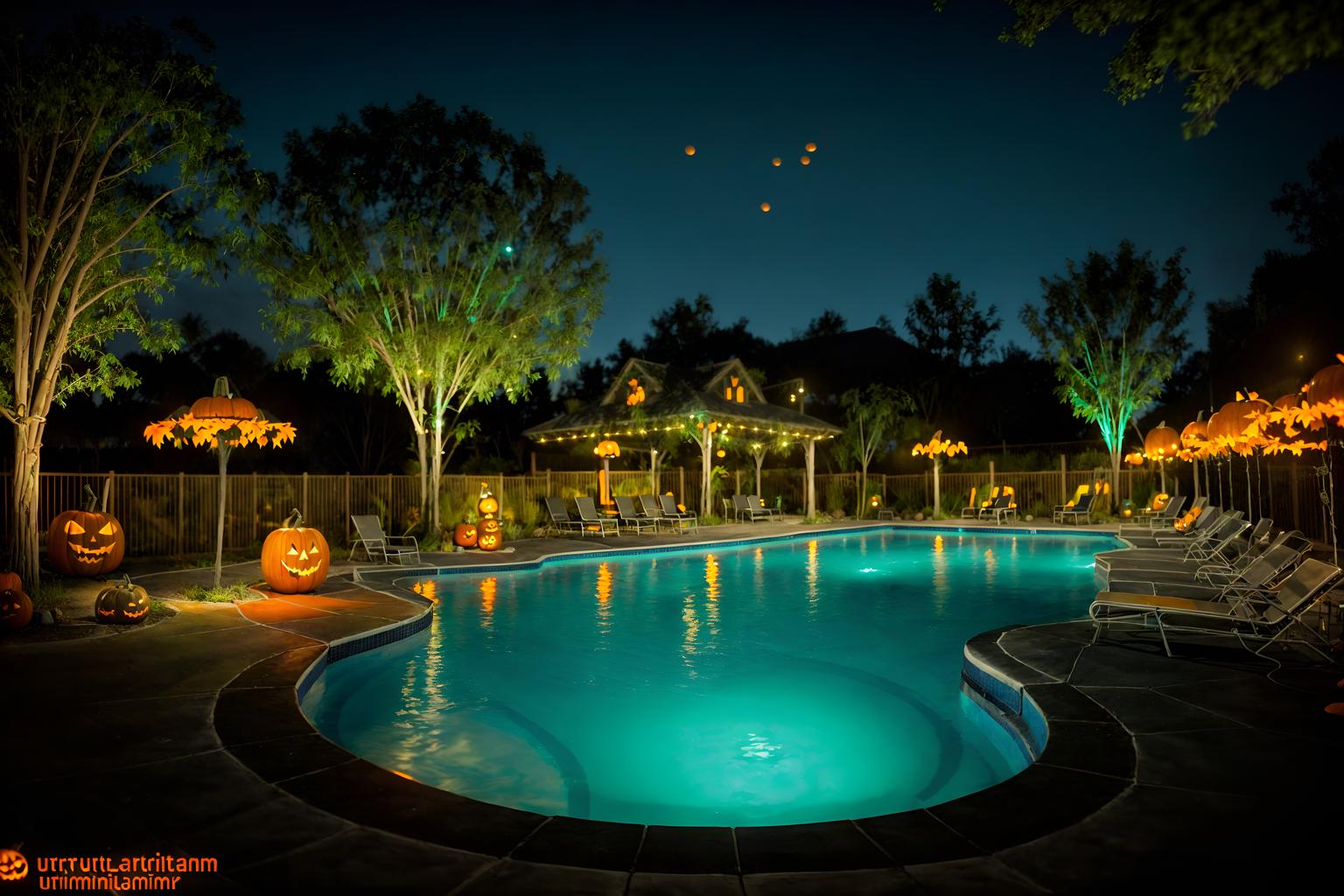 halloween-style designed (outdoor pool area ) with pool and pool lights and pool lounge chairs and pool. . with spiderwebs and glowing pumpkins and cobwebs and yellow black balloons and skeletons sitting and standing and human skulls and cobwebs and lanterns. . cinematic photo, highly detailed, cinematic lighting, ultra-detailed, ultrarealistic, photorealism, 8k. halloween design style. masterpiece, cinematic light, ultrarealistic+, photorealistic+, 8k, raw photo, realistic, sharp focus on eyes, (symmetrical eyes), (intact eyes), hyperrealistic, highest quality, best quality, , highly detailed, masterpiece, best quality, extremely detailed 8k wallpaper, masterpiece, best quality, ultra-detailed, best shadow, detailed background, detailed face, detailed eyes, high contrast, best illumination, detailed face, dulux, caustic, dynamic angle, detailed glow. dramatic lighting. highly detailed, insanely detailed hair, symmetrical, intricate details, professionally retouched, 8k high definition. strong bokeh. award winning photo.