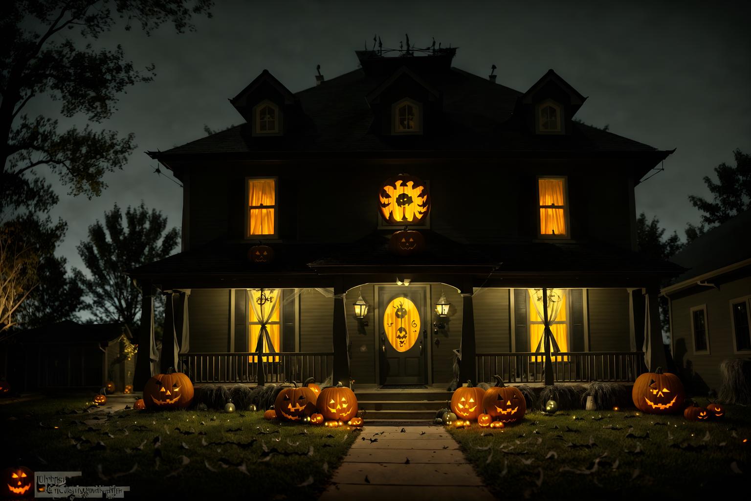 halloween-style exterior designed (house exterior exterior) . with cobwebs and spiderwebs and yellow black balloons and cobwebs and lanterns and lanterns and glowing pumpkins and human skulls. . cinematic photo, highly detailed, cinematic lighting, ultra-detailed, ultrarealistic, photorealism, 8k. halloween exterior design style. masterpiece, cinematic light, ultrarealistic+, photorealistic+, 8k, raw photo, realistic, sharp focus on eyes, (symmetrical eyes), (intact eyes), hyperrealistic, highest quality, best quality, , highly detailed, masterpiece, best quality, extremely detailed 8k wallpaper, masterpiece, best quality, ultra-detailed, best shadow, detailed background, detailed face, detailed eyes, high contrast, best illumination, detailed face, dulux, caustic, dynamic angle, detailed glow. dramatic lighting. highly detailed, insanely detailed hair, symmetrical, intricate details, professionally retouched, 8k high definition. strong bokeh. award winning photo.