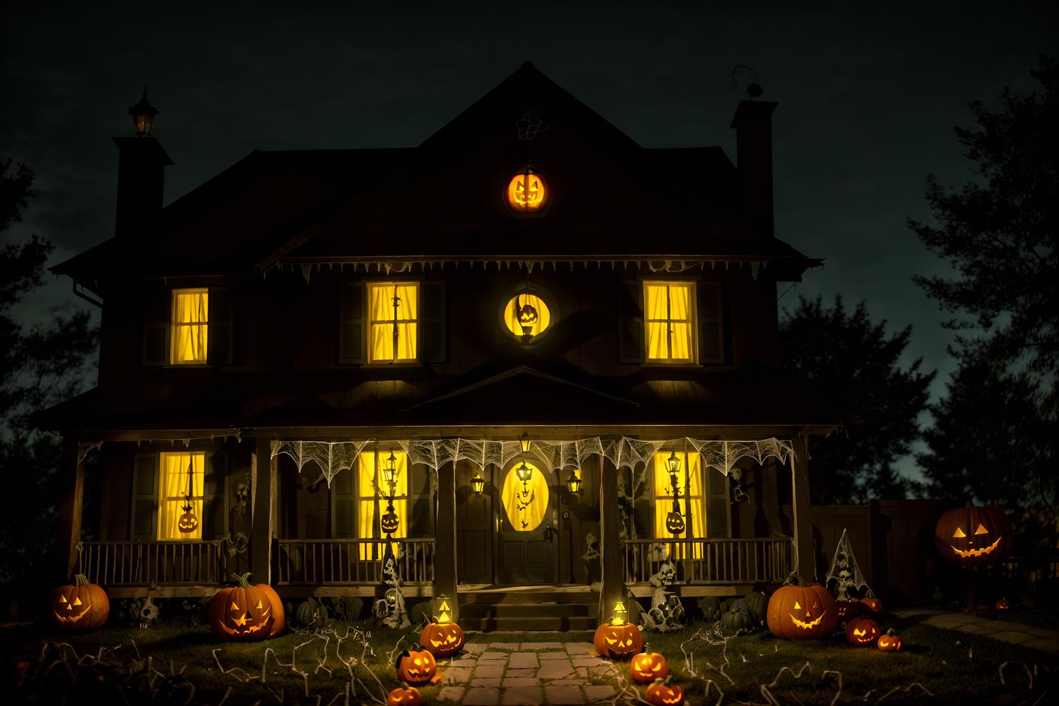 halloween-style exterior designed (house exterior exterior) . with cobwebs and spiderwebs and yellow black balloons and cobwebs and lanterns and lanterns and glowing pumpkins and human skulls. . cinematic photo, highly detailed, cinematic lighting, ultra-detailed, ultrarealistic, photorealism, 8k. halloween exterior design style. masterpiece, cinematic light, ultrarealistic+, photorealistic+, 8k, raw photo, realistic, sharp focus on eyes, (symmetrical eyes), (intact eyes), hyperrealistic, highest quality, best quality, , highly detailed, masterpiece, best quality, extremely detailed 8k wallpaper, masterpiece, best quality, ultra-detailed, best shadow, detailed background, detailed face, detailed eyes, high contrast, best illumination, detailed face, dulux, caustic, dynamic angle, detailed glow. dramatic lighting. highly detailed, insanely detailed hair, symmetrical, intricate details, professionally retouched, 8k high definition. strong bokeh. award winning photo.