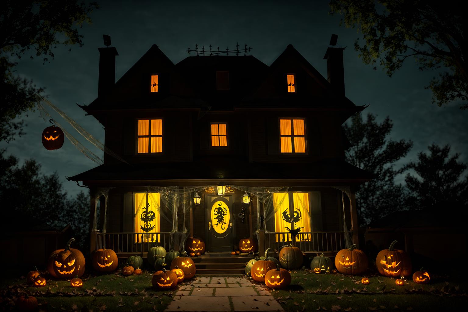 halloween-style exterior designed (house exterior exterior) . with cobwebs and spiderwebs and yellow black balloons and cobwebs and lanterns and lanterns and glowing pumpkins and human skulls. . cinematic photo, highly detailed, cinematic lighting, ultra-detailed, ultrarealistic, photorealism, 8k. halloween exterior design style. masterpiece, cinematic light, ultrarealistic+, photorealistic+, 8k, raw photo, realistic, sharp focus on eyes, (symmetrical eyes), (intact eyes), hyperrealistic, highest quality, best quality, , highly detailed, masterpiece, best quality, extremely detailed 8k wallpaper, masterpiece, best quality, ultra-detailed, best shadow, detailed background, detailed face, detailed eyes, high contrast, best illumination, detailed face, dulux, caustic, dynamic angle, detailed glow. dramatic lighting. highly detailed, insanely detailed hair, symmetrical, intricate details, professionally retouched, 8k high definition. strong bokeh. award winning photo.