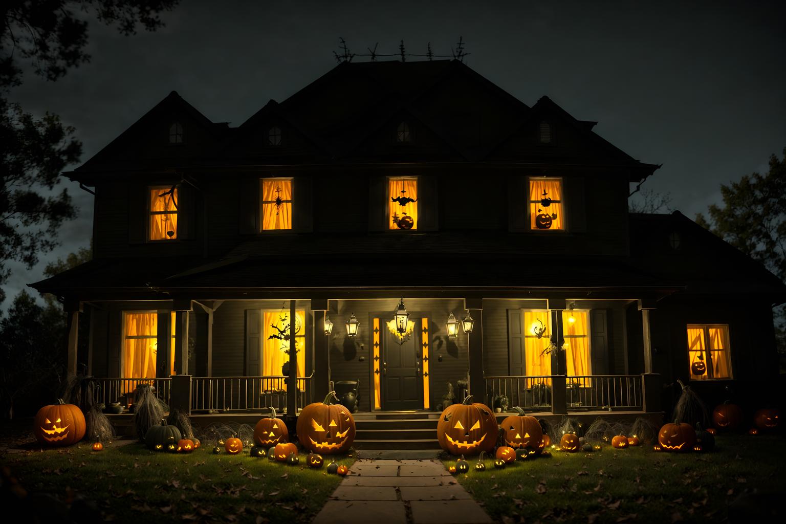 halloween-style exterior designed (house exterior exterior) . with cobwebs and spiderwebs and yellow black balloons and cobwebs and lanterns and lanterns and glowing pumpkins and human skulls. . cinematic photo, highly detailed, cinematic lighting, ultra-detailed, ultrarealistic, photorealism, 8k. halloween exterior design style. masterpiece, cinematic light, ultrarealistic+, photorealistic+, 8k, raw photo, realistic, sharp focus on eyes, (symmetrical eyes), (intact eyes), hyperrealistic, highest quality, best quality, , highly detailed, masterpiece, best quality, extremely detailed 8k wallpaper, masterpiece, best quality, ultra-detailed, best shadow, detailed background, detailed face, detailed eyes, high contrast, best illumination, detailed face, dulux, caustic, dynamic angle, detailed glow. dramatic lighting. highly detailed, insanely detailed hair, symmetrical, intricate details, professionally retouched, 8k high definition. strong bokeh. award winning photo.