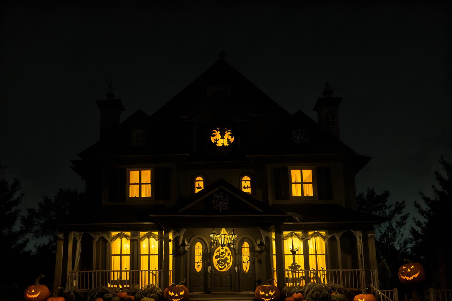 halloween-style exterior designed (house exterior exterior) . with cobwebs and spiderwebs and yellow black balloons and cobwebs and lanterns and lanterns and glowing pumpkins and human skulls. . cinematic photo, highly detailed, cinematic lighting, ultra-detailed, ultrarealistic, photorealism, 8k. halloween exterior design style. masterpiece, cinematic light, ultrarealistic+, photorealistic+, 8k, raw photo, realistic, sharp focus on eyes, (symmetrical eyes), (intact eyes), hyperrealistic, highest quality, best quality, , highly detailed, masterpiece, best quality, extremely detailed 8k wallpaper, masterpiece, best quality, ultra-detailed, best shadow, detailed background, detailed face, detailed eyes, high contrast, best illumination, detailed face, dulux, caustic, dynamic angle, detailed glow. dramatic lighting. highly detailed, insanely detailed hair, symmetrical, intricate details, professionally retouched, 8k high definition. strong bokeh. award winning photo.