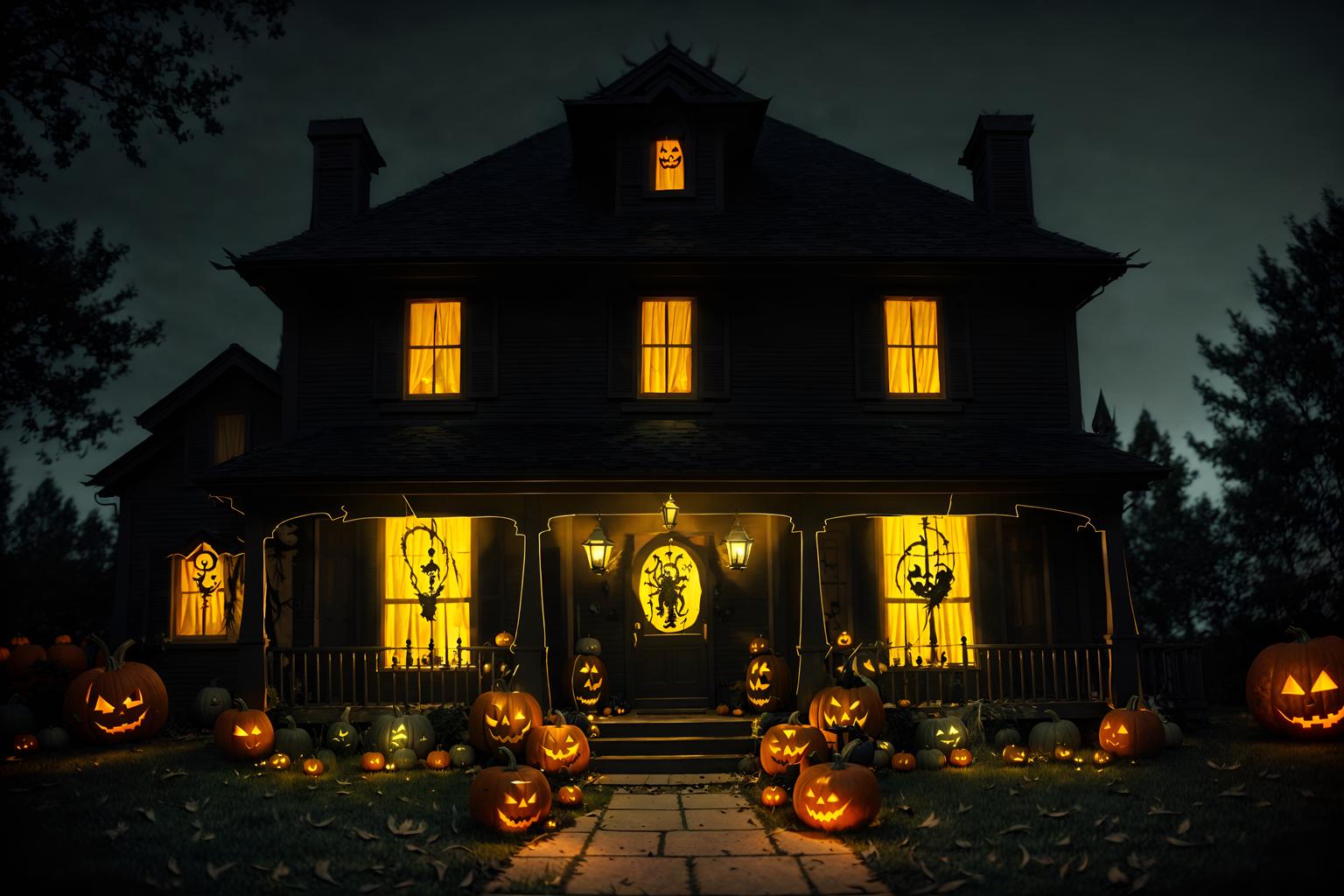 halloween-style exterior designed (house exterior exterior) . with cobwebs and spiderwebs and yellow black balloons and cobwebs and lanterns and lanterns and glowing pumpkins and human skulls. . cinematic photo, highly detailed, cinematic lighting, ultra-detailed, ultrarealistic, photorealism, 8k. halloween exterior design style. masterpiece, cinematic light, ultrarealistic+, photorealistic+, 8k, raw photo, realistic, sharp focus on eyes, (symmetrical eyes), (intact eyes), hyperrealistic, highest quality, best quality, , highly detailed, masterpiece, best quality, extremely detailed 8k wallpaper, masterpiece, best quality, ultra-detailed, best shadow, detailed background, detailed face, detailed eyes, high contrast, best illumination, detailed face, dulux, caustic, dynamic angle, detailed glow. dramatic lighting. highly detailed, insanely detailed hair, symmetrical, intricate details, professionally retouched, 8k high definition. strong bokeh. award winning photo.