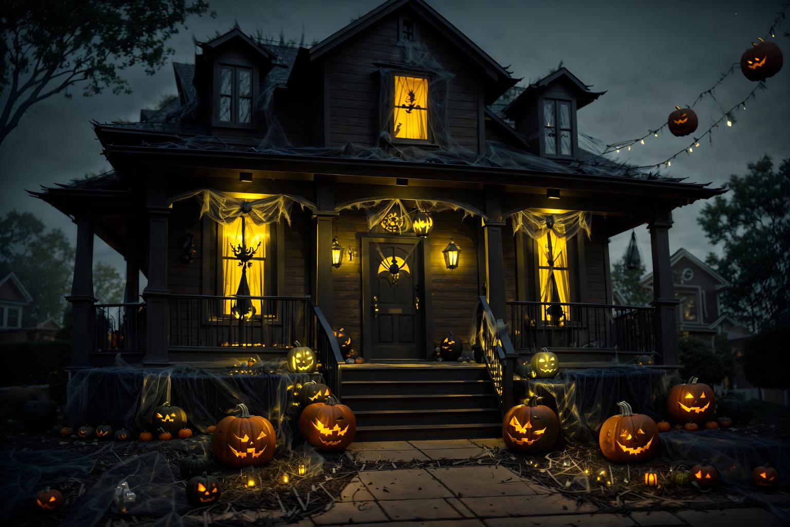 halloween-style exterior designed (house exterior exterior) . with cobwebs and spiderwebs and yellow black balloons and cobwebs and lanterns and lanterns and glowing pumpkins and human skulls. . cinematic photo, highly detailed, cinematic lighting, ultra-detailed, ultrarealistic, photorealism, 8k. halloween exterior design style. masterpiece, cinematic light, ultrarealistic+, photorealistic+, 8k, raw photo, realistic, sharp focus on eyes, (symmetrical eyes), (intact eyes), hyperrealistic, highest quality, best quality, , highly detailed, masterpiece, best quality, extremely detailed 8k wallpaper, masterpiece, best quality, ultra-detailed, best shadow, detailed background, detailed face, detailed eyes, high contrast, best illumination, detailed face, dulux, caustic, dynamic angle, detailed glow. dramatic lighting. highly detailed, insanely detailed hair, symmetrical, intricate details, professionally retouched, 8k high definition. strong bokeh. award winning photo.